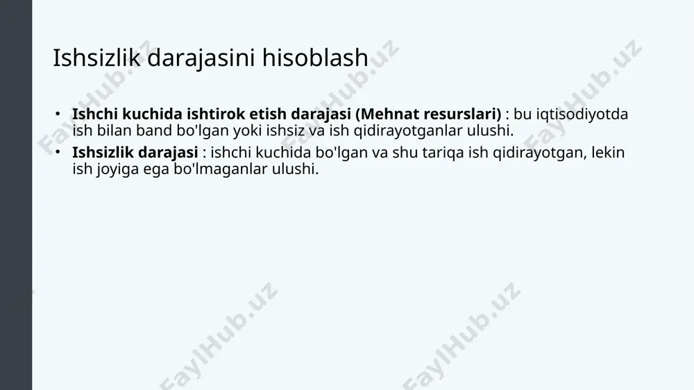 likning turli darajalaridagi mahsulot yo‘qotishlari hajmini aniqlash imkonini beradi. hozirgi kunda β koeffitsienti deb atalgan bu koeffitsient miqdori 2 foizdan 3 foiz oralig‘ida deb hisoblanadi. ouken qonunini formulada quyidagicha tasvirlash mumkin: ouken qonuni yx - potensial yaim yn – haqiqiy yaim yaim uzilishini ifodalaydigan formula bilan ouken qonunini formulasini umumlashtirib quyidagi formulani olamiz: ouken qonuni tez ko'rib chiqish ish bilan ta'minlangan, ishsiz va ishchi kuchida yoki undan tashqarida bo'lganlarni aniqlang va farqlang ishchi kuchi foizini va ishsizlik darajasini qanday hisoblaysiz? aqshdagi ishsizlikning tarixiy shakllari va tendentsiyalarini tushuntiring global ishsizlik darajasini baholang tsiklik ishsizlik nima? friktsion ishsizlik va tarkibiy ishsizlik nima? tabiiy ishsizlik nima? bandlikning tabiiy darajasi va potentsial real yaim, mahsuldorlik va davlat siyosati o'rtasidagi munosabatlar qanday. image1.jpeg image2.png image3.tiff image4.tiff image5.png image6.tiff image7.png image8.png image9.tiff image10.png image11.png /docprops/thumbnail.jpeg