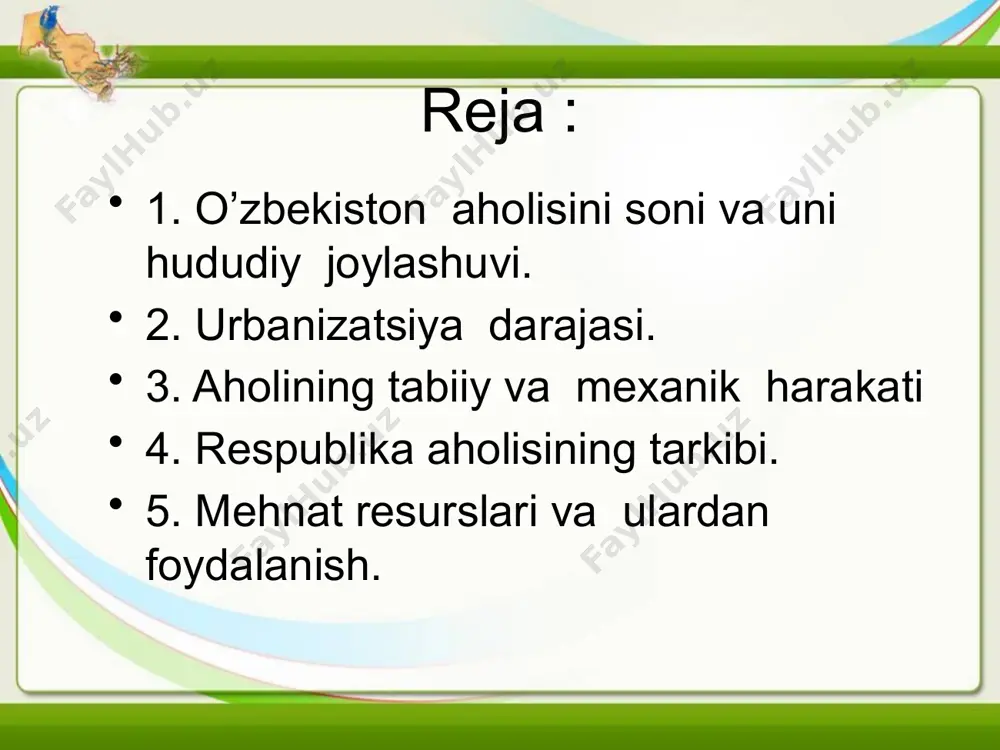 i foiz his. ming kishi foiz his. qoraqalpog’iston respublikasi 1571,9 6,0 763,9 48,6 808,0 51,4 9,4 andijon 2375,9 9,0 699,8 29,5 1676,1 70,5 565,7 buxoro 1525,9 5,8 450,1 29,5 1075,8 70,5 37,9 jizzax 1051,4 4,0 314,5 29,9 736,9 70,1 49,6 qashqadaryo 2424,4 9,2 597,5 24,7 1822,9 75,3 84,6 navoiy 812,7 3,1 321,4 39,5 491,3 60,5 7,3 namangan 2103,6 8,0 782,4 37,2 1321,2 62,8 284,3 samarqand 2907,5 11,1 741,4 25,5 2166,1 74,5 173,1 surxondaryo 1925,1 7,3 370,4 19,2 1554,7 80,8 95,8 sirdaryo 676,9 2,6 211,5 31,2 456,4 68,8 157,4 toshkent 2468,0 9,4 969,8 39,3 1498,2 60,7 161,3 farg’ona 2878,9 10,9 809,5 28,1 2069,4 71,9 429,7 xorazm 1453,9 5,5 322,3 22,2 1131,6 77,8 238,3 toshkent shahri 2140,6 8,1 2140,6 100 – 100 – respublika bo’yicha 26312,7 100,0 9495,1 36,1 16817,6 63,9 58,6 1980-1995 yillarda respublika aholisining soni 15,8 mln.dan 22,3 mln.ga yetdi, o’rtacha yillik o’sish miqdori mutloq hisobda 400-500 ming kishini, nisbiy …