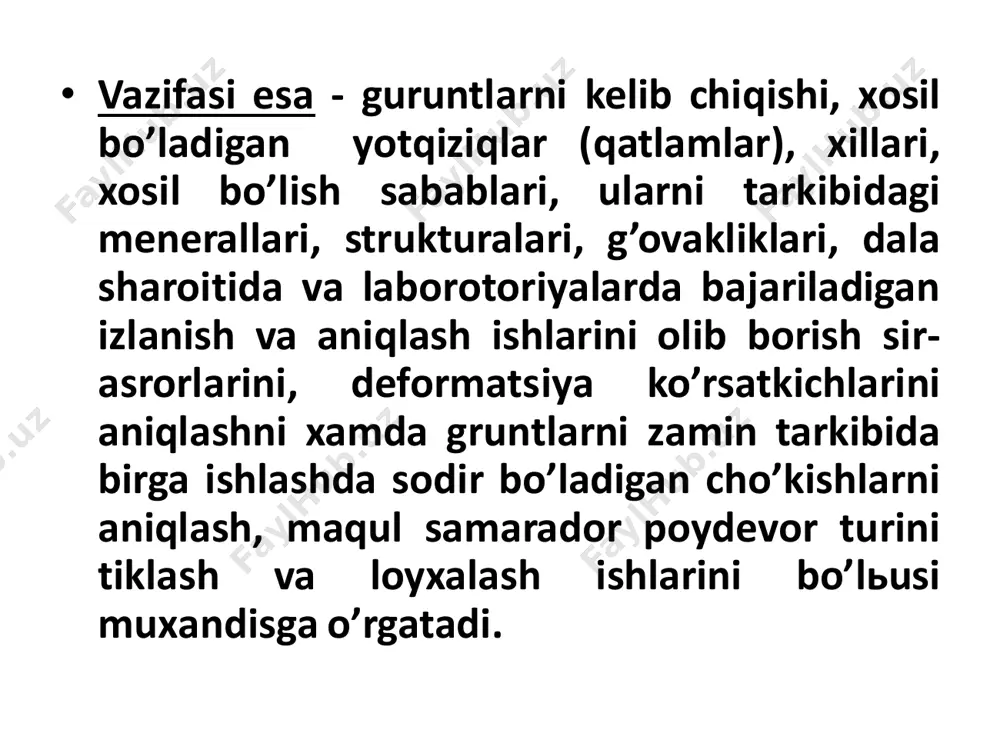 i o’rganishdir. bunday jinslar zarrachalari orasida g’ovaklar mavjudligi bilan boshqa jinslardan farq qiladi. g’ovaklar suv va qisman ‘avo bilan to’lgan bo’ladi. • ma’lumki, fizika fanida bunday jismlar dispers jismlar deb ataladi (dispersus - yunoncha atama bo’lib, o’zbek tilida “maydalangan”, “ezg’ilangan” degan maononi anglatadi). shunday qilib, gruntlar mexanikasi dispers jismlar mexanikasi urganish shaklida namoyon bo’ladi. • yukorida aytilganlarga asoslanib, gruntlar mexanikasining o’ziga xos bo’lgan maxsus masalalarini yechishdaa nazariy va qurilish mexanikasi fanlari negizini tashkil etuvchi yaxlit jism qonuniyatlarini tadbiq etish yetarli emas, degan xulosaga kelish mumkin. ularni batafsil tushunib yetish uchun g’ovak jismlarga xos bo’lgan qonuniyatlar: zichlanish, siljishga qarshilik va suv singdirish qonuniyatlarini qo’shimcha ravishda o’rganish talab qilinadi. • 1.3 zamin va poydevorlarni loyixalashda va barpo qilishdagi nuqsonlar./ yuqorida ta’kidlanganidek, bino va inshootlarning musta’kamligi va turunligini taominlashga oid masalalar zamin gruntlarining musta’kamlik va turunlik darajasi bilan uzviy bog’liqdir. shuningdek, poydevor qurilmalarni to’g’ri tanlash va ularni tiklash jarayonida yuz beradigan o’zgarishlar ta’sirini …