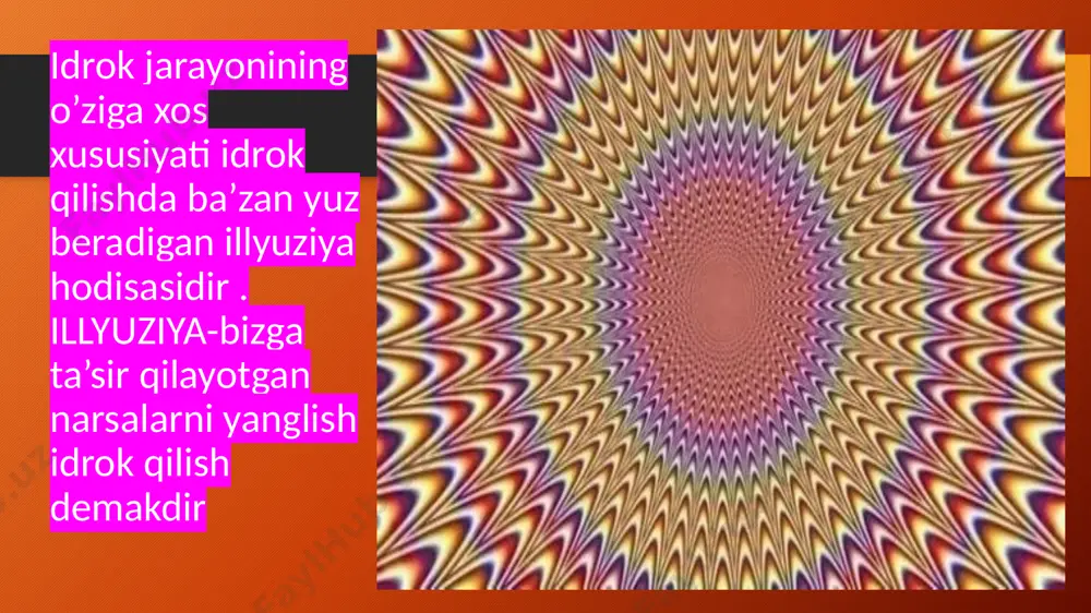 qiluvchi shaxsning psixikasida ro‘y beradigan o‘zgarishlar bilan yuzaga keladigan tasodifiy illyuzlyalar ham mavjuddir. sahroda chanqagan inson uzoqda yarqirab turgan sho'rhok yemi ko‘l deb idrok qiiishi (lekin bu illyuziyani sahrodan farq qila olishi joiz) yoki o‘rmondagi to‘nka qo‘rqoq insonning ko‘ziga bironta yirtqich hayvonga o‘xshab ko‘rinishi xuddi shu illyuziyalar jumlasidandir. o'q chiziqlari illyuzxyasi uzunligi baravar bo'lgan ikki o‘q chiziqning chetlariga ikki xil (kesishmaydigan va kesishadigan) chiziqlar chizilsa, illyuziya paydo bo‘ladi. ya’ni, kesishadigan chiziqlar o‘q chizig‘iga nisbatan kesishmaydigan chiziqlar chizilgan, o‘q chizig‘idan uzunroq bo‘lib ko‘rinadi. bu illyuziya kesishadigan va kesishmaydigan chiziqlar tamoyillariga asoslangan. 1. bu qoya-toshlarda nimalar yashiringan? 7. mushuk zinadan yuqoriga chiqyaptimi yoki pastga tushyaptimi? image6.png image9.jpeg image3.png image4.png image10.jpeg image11.jpeg image12.jpeg image13.jpeg image14.jpeg image15.jpeg image16.jpeg image17.jpeg image18.jpeg image19.jpeg image20.jpeg image2.png image5.png image8.png /docprops/thumbnail.jpeg