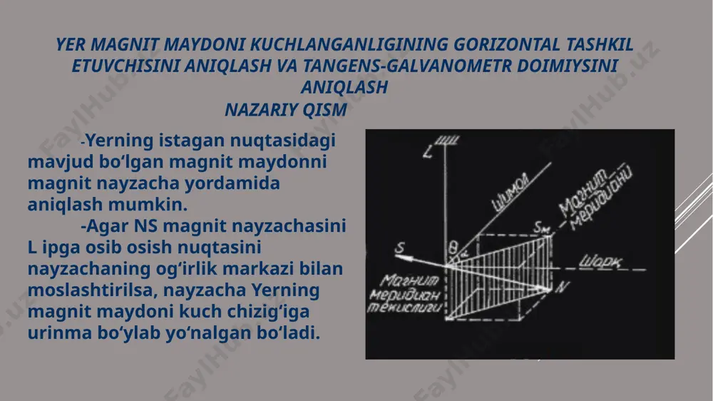yotgan tok kuchi strelka og‘ish burchagining tangensiga proporsional bo‘lgani uchun qurilmani tangensgalvanometr deyiladi. -ifodadan doimiy c son jihatdan nayzachaning og‘ish burchagi 45 ga teng bo‘lgandagi o‘ramlar orqali o‘tayotgan tok kuchiga teng ekanligi kelib chiqadi. shunday qilib markazida magnit nayzacha o‘rnatilgan aylanma o‘tkazgichni shu zanjir orqali o‘tayotgan tok kuchini aniqash uchun qo‘llasa bo‘ladi. -buning uchun quyidagi shart bajarilishi kerak: magnit nayzachasining o‘lchamlari o‘ramlar radiuslariga nisbatan juda kichik bo‘lishi kerak, chunki hz=(n*i)/(2r) formula aylana markazidagi nuqta uchungina bajariladi. -ushbu ishda foydalaniladigan tangens-galvanometr aylanuvchi tutgichga o‘rnatilgan g‘altakdan iboratdir. -vertikal o‘q atrofida aylanadigan nayzacha g‘altakning markaziga o‘rnatilib, nayzachaning ustiga bo‘limlari bo‘lgan yengil alyuminiy (limb) qo‘yilgan. -chambarak ostidagi nayzacha shunday joylashganki, uning bir uchi limbning «n» (shimol) harfi bilan belgilangan nuqtasiga, ikkinchi uchi esa «n» (janub) harfi bilan belgilangan nuqtasiga yo‘nalgan. 1. t.i.trofimova ”fizika kursi“, m. ”akademiya“ 2007. 2. a.a.detlaf, b.m.yarovskiy ”fizika kursi“, m.”akademiya“, 2007. adabiyotlar image1.png image2.png image3.png