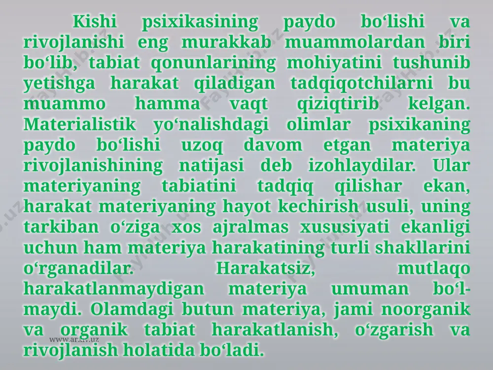 ullari yuksalgan sari hayvonlarning mazkur turi muhitning bevosita ta’siridan shunchalik ozod bo‘la boradi. yashash sharoitlarining keskin o‘zgarishi hayvonlarning joyini o‘zgartirishga majbur etishi azaldan ma’lum. hayvonlarning bunday xatti-harakatlari sharoitga ko‘proq yoki kamroq darajada mos bo‘lishi mumkin. cho‘l toshbaqasi va mayda kemiruvchilar issiq kunlar boshlanishi va qishki sovuq tushishi oldidan o‘zlarining normal hayot kechirishlari uchun zarur shart-sharoitlarga ancha mos keladigan harorat saqlanadigan chuqur in qazib, yer tagiga kirib ketadi. bu o‘rinda instinktlar harakat qiladi. fil o‘ziga suv sepa boshlaydi, qalin soyaga yashirinadi, maymun ham issiqdan saqlanishi uchun imkon beradigan joyni tanlashga va tayyorlashga urinadi. www.arxiv.uz bu o‘rinda instinktlardan ko‘ra hayvonlar individual hayot kechirishida orttirgan tajriba – shartli bog‘lanishlar ta’sir qiladi. o‘simlik va hayvonlarga mansub shakllar evolutsiyasining barcha bosqichlarida jamiki jonli organizmlar in’ikosning alohida, biologik shakli – ta’sirlanuvchanlikka ega bo‘ladi. ta’sirlanuvchanlik tirik organizmning biologik ahamiyatiga ega bo‘lgan (biotik) ta’sirga javob berish qobiliyati demakdir. oddiy ta’sirlanuvchanlik sodda, bir hujayrali tirik organizmdayoq seziladi. ular muhitning …