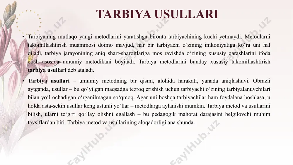 tgan mavzuga befarq qaramaydilar. namuna o‘quvchilar o‘z atrofidagi kishilarda hamma yaxshi axloqiy sifatlarni ko‘rishlari va ibrat olishlari nihoyatda muhim.o‘qituvchining shaxsan o‘zi namuna bo‘lishi, ayniqsa, yoshlarga katta ta’sir ko‘rsatadi. o‘z-o‘zini tarbiyalash metodlari o‘quvchida o‘z-o‘zini tarbiyalashga, ya’ni, o‘z ustida ongli, bartartib ishlashga ehtiyoj paydo bo‘lgandagina tarbiya jarayonini samarali deb hisoblash mumkin. tarbiya jarayonida o‘z-o‘zini tarbiyalash metodlaridan foydalanish samarali hisoblanadi. o‘z-o‘zini tahlil (nazorat) qilish o‘z shaxsi, mavjud fazilatlari, xatti-harakati, xulq-atvorini tahlil qilish, mavjud sifatlarni boyitish yoki salbiy odatlarni bartaraf etishga qaratilgan faoliyat usuli. o‘z-o‘zini baholash mavjud fazilatlari, xatti-harakati, xulq- atvorini tahlil qilish asosida o‘z shaxsiga baho berishga yo‘naltirilgan faoliyat usuli.o‘quvchining qobiliyatini o‘z kuchi bilan yuzaga chiqishiga yordamlashish zarur. faoliyatni tashkil etish va xulq-atvor me’yorlarini shakllantirish (mashq) metodi c b a 2. pedagogik talab 3. ijtimoiy fikr 1. mashq 4. topshiriq 5. tarbiyalovchi vaziyat mashq va o‘rgatish metodlari muayyan mashq yordamida bolalar faoliyatini oqilona, maqsadga muvofiq va har tomonlama puxta tashkil qilish, ularni axloq …