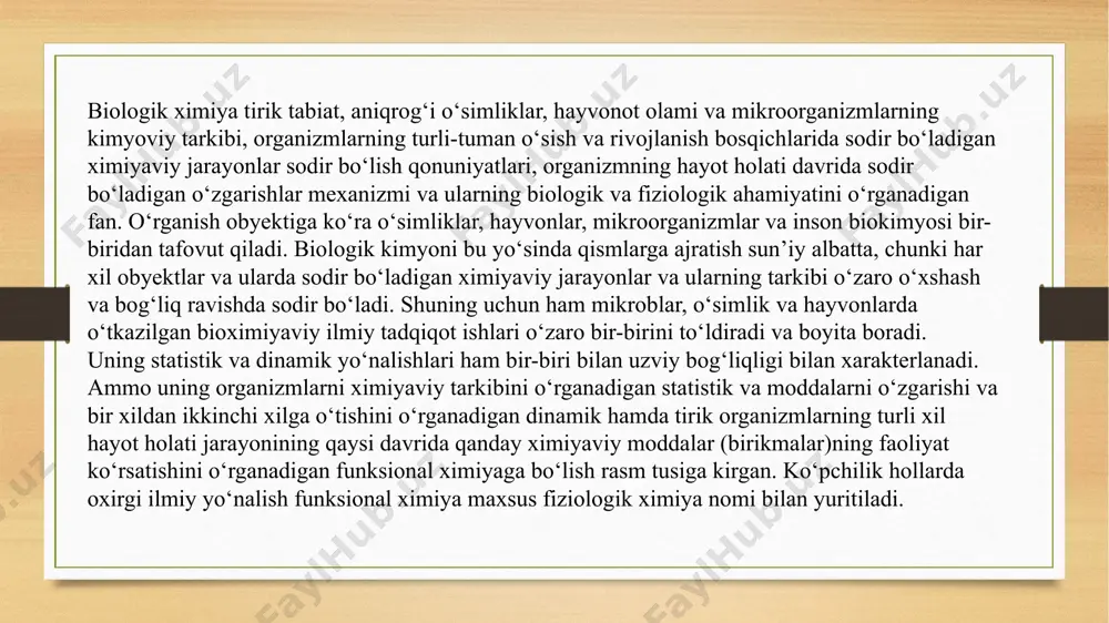 halanib (dissimilyatsiya) oxirgi mahsulini hosil bo‘lishiga qadar tiriklikning asosiy mazmunining poydevori hisoblangan modda almashinuvi tashkil etadi. tabiatda mavjud tirik organizmda sidirg‘a ravishda sodir bo‘ladigan modda almashinuvni barcha detallarini o‘rganish biologik ximiya fanining asosiy vazifasi sifatida qabul qilingan. bioximiyaviy ilmiy tadqiqot ishlari keng ko‘lamdagi masalalarini o‘zida mujassamlantiradi. biologiyada biror-bir masala, hoh u nazariy bo‘lsin yoki amaliy bo‘lsin, bioximiya bilan bog‘liq ravishda ish ko‘rishi muqarrar. shuning uchun ham zamonaviy bioximiya o‘zaro yaqin fanlar biologiya, qishloq xo‘jaligi, tibbiyot, doishunoslik fanlarini birlashtiradi va ular bilan birgalikda ish ko‘radi. mustaqil fan sifatida bioximiya xix asrda shakllandi. xix asrning birinchi yarmiga qadar organik moddalarning sanoqli turlari ma’lum edi. nemis ximigi gmelinning darsligida (1822y.) faqat 80 ga yaqin organik birikmalarning nomi keltiriladi. organik ximiyaning maqsadi va vazifasi o‘sha davrga qadar hali to‘liq aniqlanmagan edi. shved olimi berselius organika fanini ikkita bir-biridan keskin ajraladigan ikki sinf o‘simlik va hayvonga bo‘ladi. tiriklik mazmuni organik elementlarga emas, balki qandaydir boshqa …
