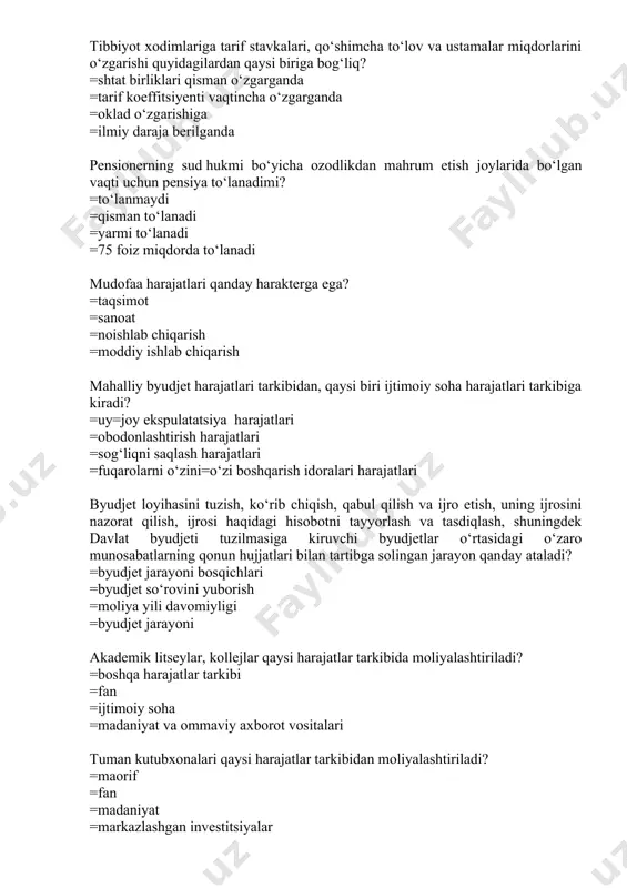mahrum etish joylarida bo‘lgan vaqti uchun pensiya to‘lanadimi? =to‘lanmaydi =qisman to‘lanadi =yarmi to‘lanadi =75 foiz miqdorda to‘lanadi mudofaa harajatlari qanday harakterga ega? =taqsimot =sanoat =noishlab chiqarish =moddiy ishlab chiqarish mahalliy byudjet harajatlari tarkibidan, qaysi biri ijtimoiy soha harajatlari tarkibiga kiradi? =uy=joy ekspulatatsiya harajatlari =obodonlashtirish harajatlari =sog‘liqni saqlash harajatlari =fuqarolarni o‘zini=o‘zi boshqarish idoralari harajatlari byudjet loyihasini tuzish, ko‘rib chiqish, qabul qilish va ijro etish, uning ijrosini nazorat qilish, ijrosi haqidagi hisobotni tayyorlash va tasdiqlash, shuningdek davlat byudjeti tuzilmasiga kiruvchi byudjetlar o‘rtasidagi o‘zaro munosabatlarning qonun hujjatlari bilan tartibga solingan jarayon qanday ataladi? =byudjet jarayoni bosqichlari =byudjet so‘rovini yuborish =moliya yili davomiyligi =byudjet jarayoni akademik litseylar, kollejlar qaysi harajatlar tarkibida moliyalashtiriladi? =boshqa harajatlar tarkibi =fan =ijtimoiy soha =madaniyat va ommaviy axborot vositalari tuman kutubxonalari qaysi harajatlar tarkibidan moliyalashtiriladi? =maorif =fan =madaniyat =markazlashgan investitsiyalar quyidagilardan qaysi biri tartibga soluvchi daromadlar bo‘la olmaydi? =aksiz solig‘i =yuridik shaxslar foyda solig‘i =yer solig‘i =jismoniy shaxslar daromad solig‘i …