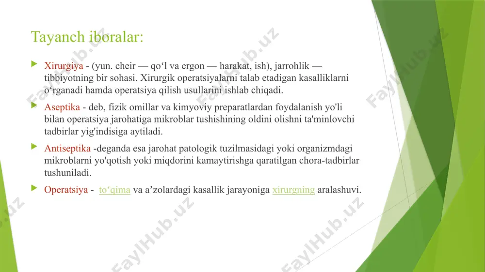 ib olinib boshqa joyga ko'chiriladi. qadimdan odamlar oʻz oʻziga yoki bir-birlariga yordam berib, jarohatdan oqayotgan qonni toʻxtatish uchun jarohatni bosib turish, yaralarga kul sepish kabi oddiy usullardan foydalanganlar. qadimga qazilmalarda bosh suyak chanogʻi trepanatsiyasi, oyoq amputatsiyasidan keyingi izlar topilgan. xirurgiya dastlab fan va madaniyati rivojlangan davlatlar (misr, hindiston, yunoniston, xitoy, vizantiya) da shakllangan. mil. av. ham kasalliklarni davolashda qon chiqarish, qovuqsan toshlarni tushirish operatsiyalari oʻtkazilganligi qayd etilgan. gippokrat (mil. av. 460—377 yillar) jarohatlarni birlamchi va ikkilamchi bitishini kuzatgan, turli bogʻlovlarni qoʻyish texnikasini ishlab chiqqan, operatsiyani oʻtkazishda tozalikka rioya qilish maqsadida qaynatilgan yomgʻir suvidan foydalangan. galen esa jarohatlarni tikishda ipaqdan foydalanishni, jarroxlik operatsiyalarini oʻtkazishda aʼzolarning anatomiyasi va funksiyasini hisobga olish zarurligini taklif etgan. abu ali ibn sino (980—1037) "tib qonunlari" asarida xirurgik kasalliklarni davolashda qoʻllanilgan usullarni bayon etgan; u operatsiya vaqtida narkoz sifatida bemorga opiy, mandragor ishlatgan, shuningdek, buyrakdan tosh olish, oʻsmalarni aniqlash va oʻsmani sogʻlom toʻqimagacha olib tashlash va boshqa …