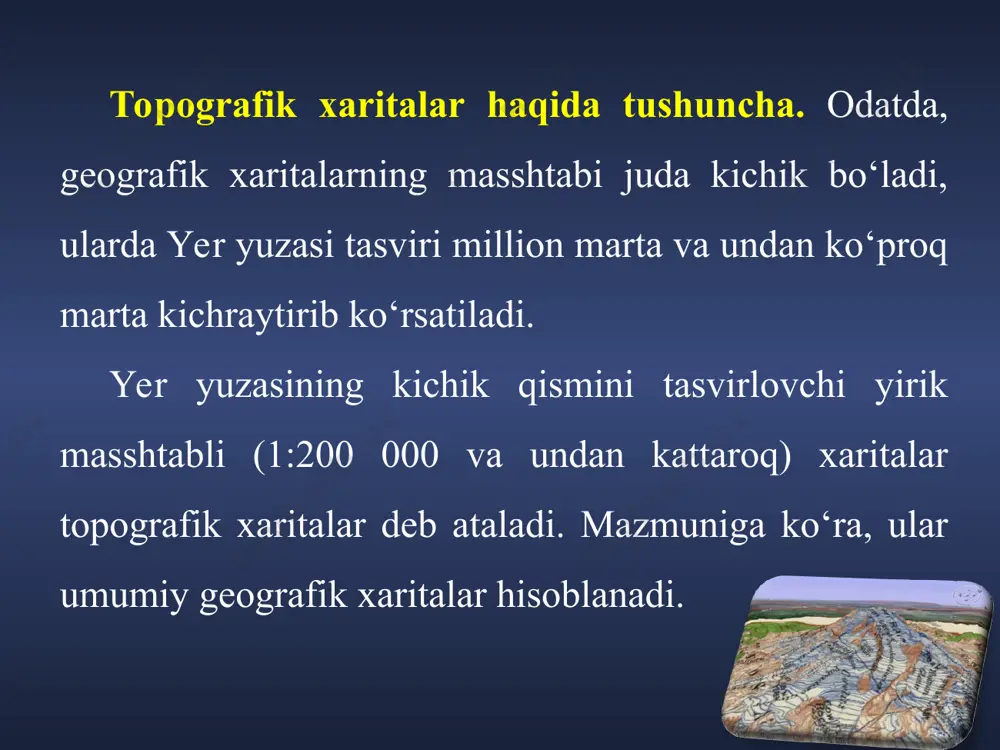di. har bir katakning tomonlari 1000 m (1 km) ga teng qilib olinadi. binobarin, xaritalar masshtabiga qarab kataklar har xil kattalikda bo‘ladi. agar xarita masshtabi 1:100 000 bo‘lsa, katak tomonlari 1 sm, 1:50 000 bo‘lsa, 2 sm, 1 : 25 000 bo‘lsa, 4 sm (6- rasm), masshtab 1:10 000 bo‘lsa, katak tomonlari 10 sm ga teng bo‘ladi. bundan tashqari, xaritaning pastki ramkasidan boshlab yuqori tomonga yo‘nalish x bilan, o‘ng tomonga gorizontal yo‘nalish esa y bilan belgilanib, ularning necha kilometrga teng ekanligi yozib qo‘yiladi. mana shu raqamlarga qarab, xaritadagi har bir nuqtaning vertikali va gorizontali nechanchi km larda ekanligini aniqlasa bo‘ladi. topografik xaritalarning shartli belgilari. 6-rasmda keltirilgan topografik xaritaning mazmunini aniqlaymiz. buning uchun topografik xaritaning shartli belgilarini ko‘rib chiqamiz va ularni quyidagi turlarga bo‘lamiz. davlat geodeziya to‘ri tayanch nuqtalari. ularning shartli belgisi — to‘g‘ri uchburchakdan iborat (7- rasm). uning markazida nuqta tasvirlangan, nuqta geodeziya tayanchining haqiqiy o‘rniga to‘g‘ri keladi: uning geografik …