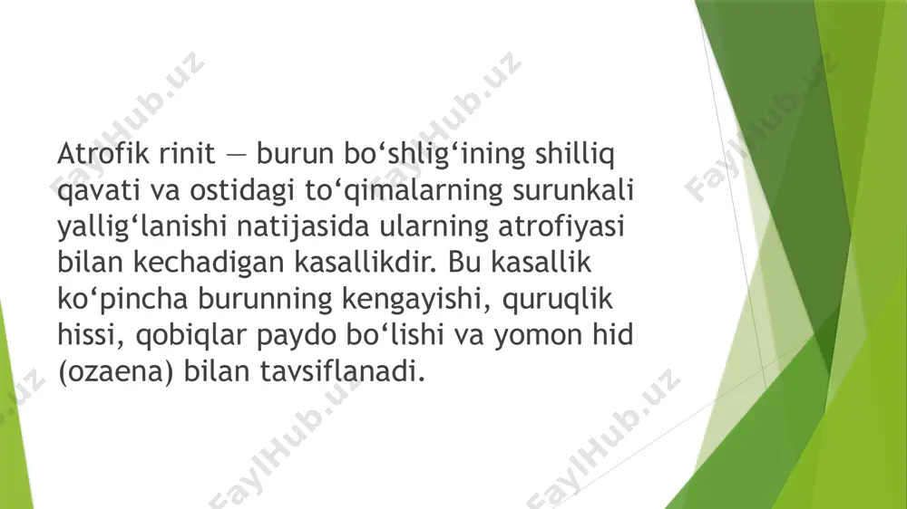 arning mavjudligi. 2. instrumental tekshiruvlar old rinoskopiya: burun yo‘llarining kengayishi, quruq shilliq qavat va qobiqlar. endoskopiya: burun bo‘shlig‘ini batafsil o‘rganish. instrumental tekshiruvlar old rinoskopiya: burun yo‘llarining kengayishi, quruq shilliq qavat va qobiqlar. endoskopiya: burun bo‘shlig‘ini batafsil o‘rganish. 3. laborator tekshiruvlar bakteriologik analiz: klebsiyella ozaenae yoki boshqa patogenlarni aniqlash. qon tahlillari: vitamin va mikroelementlar darajasini baholash. differensial tashxis allergik rinit. kronik sinusit. granulomatoz kasalliklar (sarkoidoz, vegeners granulomatozi). davolash atrofik rinit davolashida asosiy maqsad burun shilliq qavatini namlash, qobiqlarni tozalash va infeksiyani bartaraf etishdir. 1. mahalliy davolash namlovchi eritmalar: fiziologik eritma yoki dengiz suvi asosidagi spreylardan foydalanish. yog‘li tomchilar: sho‘r eritmalardan keyin burun bo‘shlig‘ini yumshatish uchun. antiseptiklar: burunni dezinfeksiya qilish uchun. 2. dori-darmonlar antibiotiklar: klebsiyella yoki boshqa bakterial infeksiyalarni davolash uchun. vitaminlar: a, d, e va b guruh vitaminlari. immunomodulyatorlar: immunitetni oshirish uchun. 3. jarrohlik davolash burun bo‘shlig‘ini toraytirish operatsiyasi (implantatsiya yoki to‘qima ko‘chirish). faqat og‘ir hollarda qo‘llaniladi. 4. fizioterapiya lazer terapiyasi. …