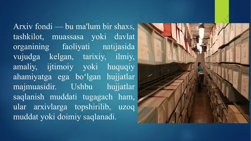 jjatlar markaziy davlat arxivi 1943 yilda tashkil etilgan. 1959 yilda u o’zbekiston markaziy tarix arxivining bir bo’limiga aylantirildi. 1974 yildan e’tiboran yana mustaqil arxiv sifatida faoliyat ko’rsatib kelmoqda. arxivda saqlanayotgan 1917 yildan oldingi davrga taalluqli fotosuratlarda turkiston o’lkasidagi milliy-ozodlik va inqilobiy harakatlardan lavhalar (1898, 1905. 1907 yy), chor rossiyasi vakillari tomonidan o’lkaning boshqarilishi, ularning mahalliy aholiga bo’lgan munosabati, sud organlarining faoliyati, xiva xonligi va buxoro amirligining xalqaro aloqalari, musulmonlarning turmushi va diniy marosimlar o’z aksini topgan. idoraviy arxivlar idoraviy arxivlarda hujjatlar nizomlarda belgilangan muddat davomida saqlanadi. bu muddatning qancha davom etishi u yoki bu muassasaning ish faoliyati xususiyatlari bilan bog’liqdir. shahar, tuman va qishloqlar muassasalarning idoraviy arxivlarda hujjatlar 5 yil davomida saqlanadi. viloyat muassasalari va tashkilotlari hujjatlari ularning arxivlarida 10 yil davomida saqlanishi mumkin. o’zbekiston respublikasi oliy davlat va hokimiyat boshqaruv organlarining hujjatlari idoraviy arxivlarda 15 yil davomida saqlanadi. tashqi ishlar vazirligi hujjatlari 30 yil davomida, fuqarolik holatlarini qayd etish …