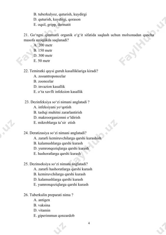 llar, tovuqlar b. mushuklar, qo‘ylar d. itlar, qoramollar e. kalamush, qo‘ylar 40. tuberkulyozni qaysi usullar bilan aniqlaymiz? a. allergik, patanatomik, bakteriologik, b. serologik, kaprologik, gemotologik, d. allergik, gematologik, endoskopik e. bakteriologik, klinik, epizootologik 41. patogen mikroblarni suyuq muhitda yo‘q qilish usuli ? a. sterilizatsiya, pasterizatsiya b. pasterizatsiya, kuydirish d. tindalizatsiya, yondirish e. tindalizatsiya, qizdirish 42. kasallik qo‘zg‘atuvchining patogenlik ta’siri nimasi bilan aniqlanadi? a. mikrobning potensial kasallik chaqirishi b. mikrobning genotip va genetik belgisi d. mikrobning xarakteri va chidamliligi e. mikrobning tashqi ko‘rinishi va belgisi 43. qanday infeksion kasalliklarni davolash mumkin? a. saramas, oqsil, qorason b. pasterellyoz, brutsellyoz, manqa d. leykoz, manqa, quturish e. listerioz, tuberkulyoz 44. oqsil kasalligida qachon karantin olinadi? a. 21 kundan keyin b. 18 kundan keyin d. 13 kundan keyin e. 14 kundan keyin 45. dezinfeksiya turlari? a. profilaktik, joriy, majburiy, yakunlovchi b. profilaktik, joriy, kutilmaganda d. doimiy, joriy, majburiy, ixtiyoriy e. cheklovni olishdan keyin, majburiy 46. …