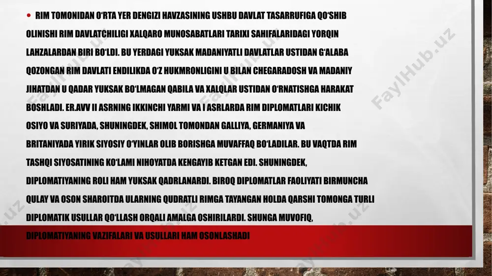 i yuzaga keltirdi. hakam va “gallar himoyachisi” bo‘lib olgan sezarga gall knyazlari o‘z ehtiyojlaridan kelib chiqib arz qila boshladilar. bu esa sezarga galliyaning ichki ishlaridan to‘la-to‘kis xabardor bo‘lish hamda qabilalararo ziddiyatlarga aralashib o‘zining diplomatik va harbiy tadbirlarini bexato yuritishga imkon berdi. o‘z raqiblari orasiga nifoq solish, tarafdorlarni o‘ziga yaqinlashtirish orqali sezar mil.avv. 52-yilning oxirida gall qabilalarining to‘la-to‘kis rim tobeligi ostiga o‘tishiga erishdi. shu tariqa aynan sezar tufayli qadimda g‘arbiy yevropaning badavlat viloyatlaridan bo‘lmish galliya, ya’ni hozirgi fransiya, belgiya va germaniyaning bir qism hududlari rim davlati tarkibiga kirdi. sezarning diplomatik muvaffaqiyatlarida uning shaxsiy sifatlari ham katta rol o‘ynadi. bu kuchli xarakter egasi har qanday murakkab sharoitda ham zaruriy xulosalarni chiqara olardi. shuningdek, u kirishimli, saxiy, sodda insoniy sifatlarni namoyon qilgani bois kishilarni o‘ziga jalb etar va o‘z siyosatida maqbullik, davlat va shaxsiy manfaatlar tamoyillaridan ustamonlik bilan foydalanardi yuliy sezarning galliya, germaniya, britaniya va, ayniqsa, sharqdagi siyosatini uning asrandi farzandi, birinchi rim …