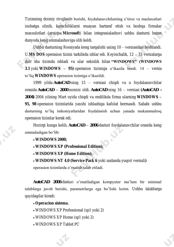 ushbu farmonda maktablar, kasb-hunar kollejlari, akademik litseylar va oliy o‘quv yurtlarining ta`lim jarayonida zamonaviy kompyuter va axborot texnologiyalarini egallashga, hamda ularni faol qo‘llanishga asoslangan ilg`or ta`lim tizimlarini kiritish» belgilab qo‘yilgan. jahon tajribasi o‘quvchi va talabalarni ma`lum bir darajada xalq amaliy san`ati, hamda chizmachilikdan bilim olganlaridan keyin, geometri nash kompozitsiyalarini chizishni va grafik vazifalarni kompyuterda bajarishga o‘rgatishni taqazo etadi. shundan kelib chiqqan holda, ushbu ishda o‘quvchi va talabalarga mo‘ljallangan, hozirgi zomon grafik dasturlardan biri bo‘lgan autodesk kompaniyasining autocad 2007 grafik dasturi asosida, grafik axborotlarni kompyuterda bajarishga o‘qitish metodikasi ishlab chiqilgan. autocad tarixi autocad – chizmani komputerda tahrirlash dasturi amerikaning autodesk firmasi tomonidan ishlab chiqilgan bo’lib, dastlabki versialari o’tgan asrning 80 yillarida chiqarilgan va keng ommalashib ketgan. tizimning doimiy rivojlanib borishi, foydalanuvchilarning e’tiroz va maslaxatlari inobatga olinib, kamchiliklarni muayan bartaraf etish va boshqa firmalar maxsulotlari (ayniqsa microsoft) bilan integrasialashuvi ushbu dasturni butun dunyoda keng ommalashuviga olib keldi. ushbu dasturning rossiyada keng tarqalishi …