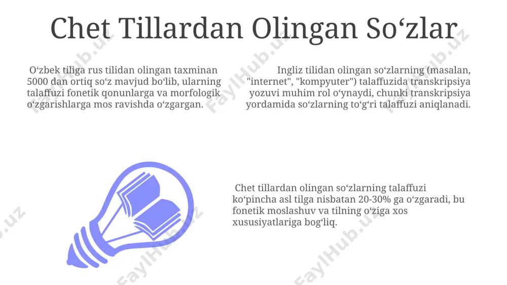 lidan olingan so'zlardir. "geografik oʻzgarishlar" atamasidagi "geografik" soʻzi yunoncha "geō" (yer) va "graphein" (yozish, tasvirlash) soʻzlaridan olingan boʻlib, taxminan 2500 yil avval paydo boʻlgan va geografik nomlarning transkripsiyasi jarayonida fonetik oʻzgarishlarga uchragan. oʻzlashtirilgan soʻzlarning talaffuzi oʻzbek tilida oʻzlashtirilgan soʻzlarning talaffuzida fonetik almashinishlar, masalan, [p] tovushining [b] ga, [f] ning [v] ga almashinishi kabi, 15-20% holatlarda kuzatiladi, bu esa oʻzbek tilining fonetik xususiyatlarini aks ettiradi. oʻzbek tiliga kirgan xorijiy soʻzlarning talaffuzi, oʻzbek fonetik tizimiga moslashish jarayonida, taxminan 30-40% hollarda oʻzgarishlarga uchraydi, bu esa soʻzning asl talaffuzidan farq qilishiga olib keladi. "oʻzlashtirilgan soʻzlarning talaffuzi"da stressning qoʻyilishi, asl soʻzdagi stressga qarab emas, balki oʻzbek tili qoidalariga muvofiq, soʻzning tuzilishi va uzunligiga bogʻliq holda amalga oshiriladi, ya'ni taxminan 70% hollarda oʻzgaradi. tilning evolyutsiyasi oʻzbek tiliga kirgan xorijiy soʻzlarning talaffuzi taxminan 30% hollarda asl nusxadan farq qiladi, bu fonetik moslashuv va tilning oʻziga xos xususiyatlariga bogʻliq. inglizcha soʻzlarning oʻzbek tiliga kirib, talaffuzida fonema almashinuvi (masalan, …