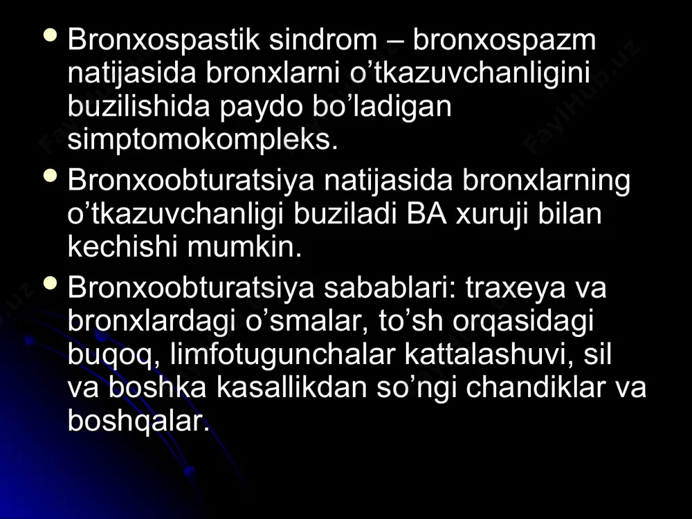 nsirash, tana vaznini kamayishi, oz mikdorda yo’tal va balg’am ko’chishi kuzatiladi. bronxitik b)tip. ko’proq yoshlarda kuzatiladi, surunkali yo’tal balg’am ajralishi bilan, davriy xansrash va tana vaznini ortishi kuzatiladi. o’pkada quruq xushtaksimon xirillashlar eshitiladi, shishlar va sianoz bilan asoratlanuvchi o’pka, yurak belgilari rivojlanishi mumkin. diagnostika. anamnez, simptomlar va fizikal belgilar, ko’krak kafasi rengenografiyasi, spirometriya va klinik ko’rinishlarga asoslanadi. davolash. bronxolitiklar: santinlar, β-adrenomimetiklar, kortikosteroid terapiya. balg’am ko’chiruvchilar. infektsiyaga karshi kurash. xirurgik davolash. bronxial astma tarif: surunkali, mustaqil infeksion allergik kasallik bo’lib, uning asosida bronxlar reaktivligini immunologik yoki noimmunologik o’zgarish, shillik qavatini shishishi, shilliq ishlab chiqarishni kuchayishi va bronxospazm tufayli nafas qisishi bilan kechadigan kasallik. ekzogen allergenlar (zamburug', xona va o'simliklar changi) ishlab chiqarish allergen atmosfera pollyutanti (ozon, mis oksidi ) dorilar (npvp, beta-blokator) genetik omillar qitiqlovchi moddalar (parfyumeriya, sigaret tutuni) emotsiya sovuq xavo virusli infektsiya (paragripp, rsv, rinovirus klinikasi: bronxial astmani asosiy belgisi bo’g’ilish xuruji bo’lib infeksiya yoki allergen bilan kontaktdan so’ng …