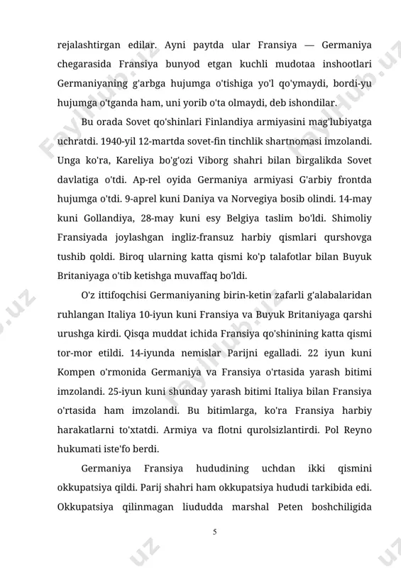et respublikalariga aylantirildi va 1940-yilning avgustida bu respublikalar sovet davlati tarkibiga «qabul qilindi». 26-iyun kuni sovet davlati ruminiyadan bessarabiyani zudlik bilan qaytarishni va shimoliy bukovinani berishni talab etdi. ruminiya bu talablarni bajarishga majbur bo'ldi va bu joylarda moldova respublikasi tuzildi va hamda sovet davlati tarkibiga «qabul qilindi». fransiya taslim bo'lgach, germaniya va italiyaga qarshi yolg'iz buyuk britaniya urush harakatlari olib borardi. buyuk britaniya bosh vaziri u. cher-chill germaniyaga taslim bo'lishdan bosh tortdi. buyuk britaniyaga qarshi harbiy harakatlar. endi germaniya harbiy-dengiz floti kuchi bilan buyuk britaniyani bir yoqli qilishga bel bog'ladi. biroq buning uddasidan chiqa olmadi. buyuk britaniya floti dunyoda eng qudratli flotligicha qolmoqda edi. germaniya 1940-yil 15-avgustdaharbiy-havo kuchlarini buyuk britaniyaga qarshi tashladi («dengiz sheri» operatsiyasi). biroq buyuk britaniya harbiy-havo kuchlari ham germaniyanikidan qolishmas edi. shunday qilib, germaniya buyuk britaniyani mag'iubiyatga uchratishga erisha olmadi. ayni paytda aqsh buyuk britaniyaga yordam bera boshladi. 1941-yiining bahorida aqsh kongressi qo'shma shtatlar hayotiy manfaatlari uchun …