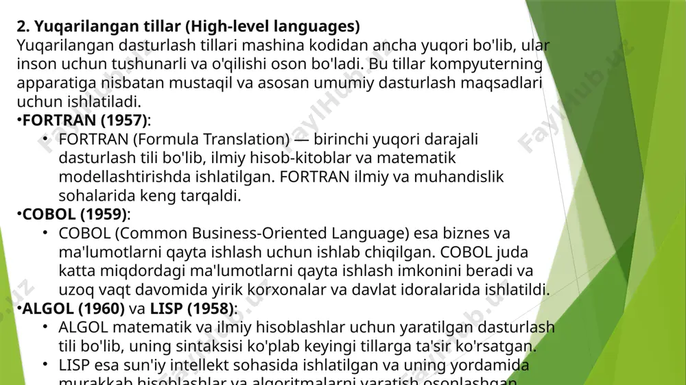 uvi)ni qo'shish edi. python 2.x ning muhim xususiyatlari: list comprehensions: list comprehension yordamida ro'yxatlarni tezda yaratish imkoniyatlari. unicode qo'llab-quvvatlash: python 2.x tilida unicode qo'llab-quvvatlashi amalga oshirildi, bu esa butun dunyo bo'ylab tillarda ishlashni osonlashtirdi. yangi kutubxonalar: yangi kutubxonalar va modullar pythonning imkoniyatlarini kengaytirdi. numpy va scipy: python ilmiy hisob-kitoblar va tahlil qilish uchun juda samarali bo'lgan kutubxonalar (numpy, scipy) yaratildi. bu kutubxonalar pythonni ilmiy va texnik sohalarda ishlatishga imkon berdi. 3. pythonning 3.x seriyasi (2008-hozirgi kungacha) 2008-yilda python 3.0 chiqarildi. python 3 ko'plab sintaktik o'zgarishlarni kiritdi, bu esa python 2 versiyasidan bir oz farqli edi. python 3 ning asosiy maqsadi kodning yanada aniq va barqaror bo'lishini ta'minlash edi. python 3.x ning muhim xususiyatlari: print funksiyasi: python 3 da print endi funksiya sifatida ishlaydi, bu esa sintaksisni yanada tartibli qilishga yordam berdi. yangilangan xatolikni boshqarish: xatolikni boshqarish va istisno ishlov berish sintaksisi aniqroq va yaxshilangan. yuqori samaradorlik va yangi kutubxonalar: python …