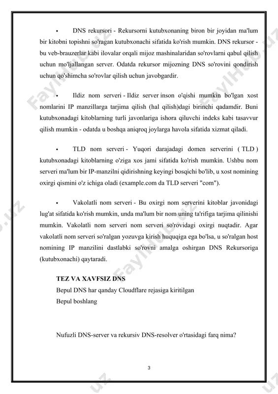 a, vaqt tugaydi yoki xato qaytaradi) bir qator soʻrovlarni amalga oshiradi. yaxshiyamki, rekursiv dns yechimlari mijozga javob berish uchun zarur bo'lgan yozuvlarni kuzatib borish uchun har doim ham bir nechta so'rovlar qilishlari shart emas; keshlash - bu dns qidiruvida avvalroq so'ralgan manba yozuviga xizmat ko'rsatish orqali kerakli so'rovlarni qisqa tutashuvga yordam beradigan ma'lumotlarni doimiy saqlash jarayoni. vakolatli dns server oddiy qilib aytganda, nufuzli dns serveri aslida dns resurs yozuvlarini saqlaydigan va javobgar bo'lgan serverdir. bu dns qidiruv zanjirining pastki qismidagi server bo'lib, so'ralgan manba yozuvi bilan javob beradi va natijada veb-brauzerga veb-sayt yoki boshqa veb-resurslarga kirish uchun zarur bo'lgan ip-manzilga erishish uchun so'rov yuborish imkonini beradi. nufuzli nom serveri boshqa manbaga murojaat qilmasdan o'z ma'lumotlaridan so'rovlarni qondirishi mumkin, chunki bu ma'lum dns yozuvlari uchun haqiqatning yakuniy manbai hisoblanadi. shuni ta'kidlash joizki, so'rov foo.example.com yoki blog.cloudflare.com kabi subdomenga tegishli bo'lsa, subdomenning cname yozuvini saqlash uchun mas'ul bo'lgan vakolatli nom serveridan keyin …
