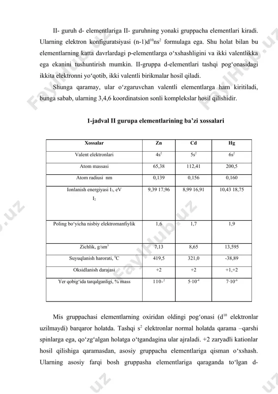 hisobidan tabiatda koʻp uchratish mumkin (1-jаdvаldagi yer qobigʻida tarqalgan miqdoriga qarang). rux kadmiydan faolroq boʻlgani uchun birikmalar tabiatdagi miqdori koʻproq va birikmalar holida uchraydi. asosiy birikmalari zns (sfalerit, rux aldanmasi); znco3 (galmey); zno (sinkit) kadmiyning asosiy birikmalari cds (grinokit); сdco3 (otavit), сdo (monteponit), cdse (kadmoselit) va boshqalar. tabiatda simob birikmalar holida va erkin holda uchraydi, muhim rudalaridan biri - hgs (kinovar). simob poliizotop elementdir. elementlarning olinish usullari rux birikmalarini kimyoviy qaytarish yoki eritmalarini elektrolizi yoʻli bilan olish mumkin: 1) pirometallurgiya usuli - oltingugurtli rudalar kuydirib oksidlanadi. olingan oksidlar koʻmir bilan qaytariladi: 2) gidrometallurgiya usuli - kuydirilgan rudalar suyultirilgan h2so4 da eritiladi, olingan sulfatlardan zn elektroliz yoʻli bilan ajratiladi. zno + h2so4 → zn so4 + h2o 3) elektroliz natijasida katodda zn ajraladi. kadmiy birikmalarini kimyoviy qaytarish yoki eritmalarini elektrolizi yoʻli bilan olinadi: 1) pirometallurgiya usuli - oltingugurtli rudalar kuydirib oksidlanadi 2cds + 3o2 -t-> 2 cdo + 2so2↑ olingan oksidlar …