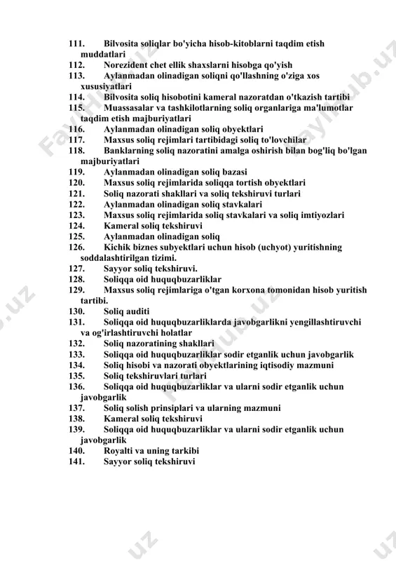 ng umumiy qoidalari. 98. yer qa'ridan foydalanganlik uchun soliq 99. bilvosita soliqlarning joriy to'lovlarini hisoblash tartibi 100. soliq majburiyatini bajarish 101. yer qa'ridan foydalanganlik uchun soliq 102. bilvosita soliqlarning soliq hisobini tashkil etish 103. soliq qarzining undirilishini umidsiz deb e'tirof etish 104. yig'imlar 105. bilvosita soliqlar bo'yicha soliq hisobotining tarkibi (tuzilishi). 106. soliqlarni to'lash muddatlarini uzaytirish 107. yig'imlar bo'yicha imtiyozlar 108. bilvosita soliq hisobotlarini tuzish (tayyorlash) tartibi 109. soliq to'lovchilarni hisobga olish tartibi 110. aylanmadan olinadigan soliqni to'lovchilar 111. bilvosita soliqlar bo'yicha hisob-kitoblarni taqdim etish muddatlari 112. norezident chet ellik shaxslarni hisobga qo'yish 113. aylanmadan olinadigan soliqni qo'llashning o'ziga xos xususiyatlari 114. bilvosita soliq hisobotini kameral nazoratdan o'tkazish tartibi 115. muassasalar va tashkilotlarning soliq organlariga ma'lumotlar taqdim etish majburiyatlari 116. aylanmadan olinadigan soliq obyektlari 117. maxsus soliq rejimlari tartibidagi soliq to'lovchilar 118. banklarning soliq nazoratini amalga oshirish bilan bog'liq bo'lgan majburiyatlari 119. aylanmadan olinadigan soliq bazasi 120. maxsus soliq rejimlarida …