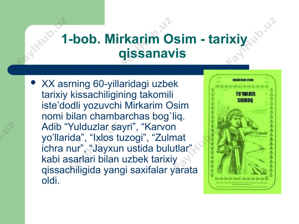 hga xarakat kiladi. buni asardagi bir parcha tasdiқlaydi: “ulugbek xech narsaga tushunmasa xam ustoziga taklvd kilib, ko’zlarini katta ochgancha devorlardagi shakllarga tikilar, ustoziga ergashib yurib, ba’zan sinik g`isht parchalariga koyupar, yikilib ketmaslik uchun uning choponidan ushlab kolardi”( 1.20). ko’rinadiki, adib ulug`bekning bolalarcha tafakkuri, uning ustoziga taklid kilishi, ҳar kadamda unga ergashishga intilishi, xayratga to’la nigoxlarini niҳoyatda ustalik bilan tasvirlaydi. mashrabda esa yigitlar dunyokarashida kechadigan turli murakkab xolatlar ifoda etilgan. yulduzlar sayri’da bosh obraz ulugbek xarakteriga kos jixatlar kator tarixiy shaxslar. orif ozariy, argadok, shoxmalik obrazlari badiiy gavdalantiriladi. “ixlos tuzogi'da esa as os im kaxramon boboraxim mashrabga xos xususiyatlar ofokxo’ja eshon, mulla bokiy, kanizak ro’zixon, xuntayshining kizi obrazlari vositasida ochi b beriladi. umuman, mirkarim osim tarixiy kissalarnaa yaratilgan tarixiy shaxslar timsollari ҳayotiy zaminga ega. “yulduzlar sayri”dagi ulugbek, “ixlos tuzogi dagi mashrab obrazlari adibning tariximiz saxifatarini teran bshshshshin dalolat beradi. aslida bunday kissadar yoshlarga o’tmish xakiaa sabok beradi, ularni bugungi xayotimizni kadrlashga …