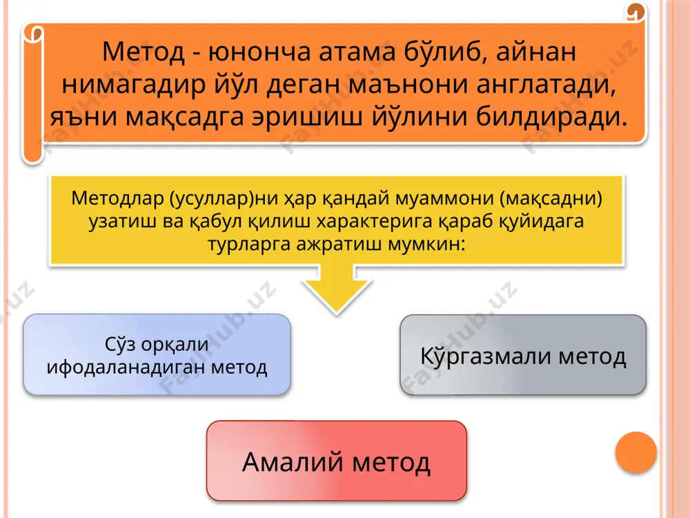 иш ҳамда таълим олувчиларнинг диққатини жалб этишда кенг фойдаланиш мумкин. техник воситалар маълумотларни визуаллаштиришга ёрдам бериб, керакли тасвир ва матнларни ёзиб олиш ва сақлаш имконини беради. таълим берувчилар доска тасвирлари, флипчарт тасвирлари ва кодоскоп слайдлари каби визуал воситаларни ўзлари ишлаб чиқадилар. шу сабабли бундай воситалардан фойдаланиш қоидалари, уларнинг афзаллик ва камчиликларини ҳисобга олиш лозим. таълим воситалари ва уларнинг турлари таълим воситалари фойдаланилиши жиҳатидан қуйидаги 3 қисмга ажратиш мумкин: танлаб олинган метод, шакл ва воситалар бир-бирини тўлдириши керак. бундан ташқари таълим воситаларининг хусусиятларига кўра 3 турга ажратиш мумкин: босма, техник ва реал воситалар. эьтиборингиз учун раҳмат image2.png image3.png