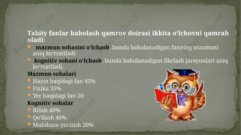 yatlarini taqqoslash va qarama-qarshi qo‘yish. b. tirik organizmlarning asosiy guruhlarining vakillarini bilish yoki misollar keltirish (ya’ni hasharotlar, qushlar, sutemizuvchilar, baliqlar, sudralib yuruvchilar va gulli o‘simliklar). c. umurtqali hayvonlarning guruhlarini umurtqasiz hayvonlarning guruhlaridan farqlash. 3. tirik organizmlardagi asosiy strukturalarning funksiyalari: a. hayvonlardagi asosiy strukturalarni ularning funksiyalari bilan bog‘lash (masalan, tishlar ozuqani maydalaydi, suyaklar tanani tutib turadi, o‘pka havoni yutadi, yurak qon aylanishini ta’minlaydi, oshqozon ovqatni hazm qiladi, muskullar tanani harakatga keltiradi). b. o‘simliklardagi asosiy strukturalarni ularning funksiyalari bilan bog‘lash (ya’ni ildizlar suv hamda oziq moddalarni o‘zlashtiradi va o‘simlikni tuproqda mustahkam ushlab turadi, barglarda ozuqa hosil bo‘ladi, poyada suv va ozuqa harakatlanadi, gultojbarglar changlatuvchilarni jalb qiladi, gullar urug‘larni hosil qiladi va urug‘lardan yangi o‘simliklar hosil bo‘ladi). hayotiy sikllar, ko‘payish va irsiyat 1. hayotiy sikllarning bosqichlari hamda keng tarqalgan o‘simlik va hayvonlarning hayotiy sikllari orasidagi farqlar: a. o‘simliklarning hayotiy sikllari bosqichlarini bilish (ya’ni urug‘ning unib chiqishi, o‘sish va rivojlanish, ko‘payish va urug‘larning tarqalishi). …