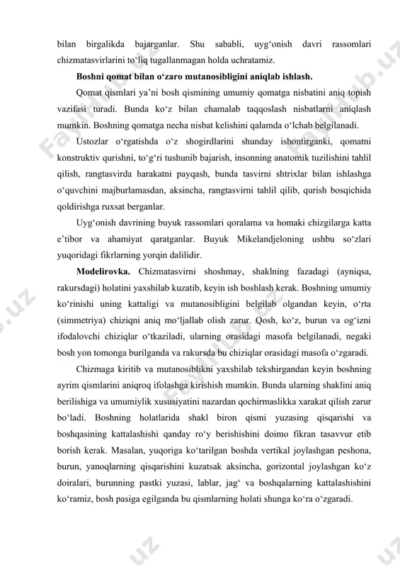 an tasavvur etib borish kerak. masalan, yuqoriga ko‘tarilgan boshda vertikal joylashgan peshona, burun, yanoqlarning qisqarishini kuzatsak aksincha, gorizontal joylashgan ko‘z doiralari, burunning pastki yuzasi, lablar, jag‘ va boshqalarning kattalashishini ko‘ramiz, bosh pasiga egilganda bu qismlarning holati shunga ko‘ra o‘zgaradi. adabiyotlar: 1. o’zbekiston enstiklopediyasi ―j‖ harfi 2. boymetov b. ―qalamtasvir‖. darslik 1-qism. toshkent,2006 3. tolipov n., abdirasilov s., oripova n. rangtasvir. t., 2006. 4. abdirasilov s. tolipov n., oripova n. ―dastgohli rangtasvir‖ (2qism). t., 2003. 5. tojiev b. ―dastgohli rangtasvir‖ fanidan ma’ruzalar matni. t.,2000. 6. tolipov n. abdirasilov s. ―dastgohli rangtasvir‖-toshkent. 2005. 7. tojiev b. ―qalamtasvir asoslarini o’rganish‖. toshkent 1994.