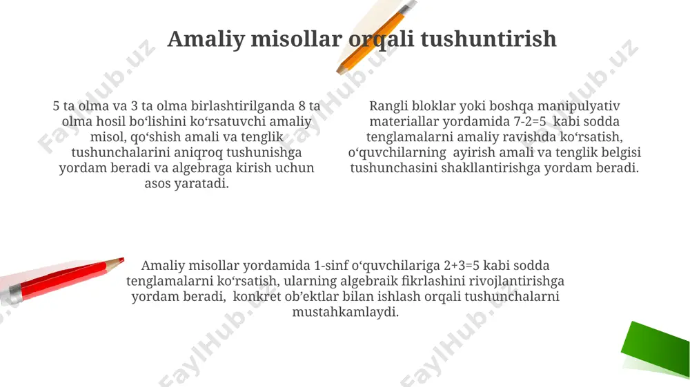 lar va takliflar birinchi sinf o'quvchilarida algebraik tushunchalarni shakllantirishda qo'llaniladigan turli xil demonstrasion usullar samaradorligini keng miqyosda, 100 dan ortiq o'quvchi bilan taqqoslash tadqiqoti o'tkazish zarur. algebraik muammolarni yechishda manipulyativ materiallar (masalan, bloklar, rangli tayoqchalar) dan foydalanishning ta'siri bo'yicha 5 yoshli va 6 yoshli bolalar orasida taqqoslama o'rganish o'tkazish maqsadga muvofiq. o'qituvchilarning algebraik tushunchalarni namoyish qilishdagi turli xil uslublari (masalan, vizual, interaktiv, amaliy) o'quvchilarning tushunish darajasiga qanday ta'sir qilishini aniqlash uchun kattaroq miqyosdagi (200 nafar o'qituvchi) sinovlar o'tkazish taklif etiladi. kichik guruhlarda ishlash kichik guruhlarda 2-3 nafar oʻquvchi birgalikda muammolarni yechish orqali algebraik tushunchalarni chuqurroq oʻzlashtiradi va oʻzaro hamkorlik koʻnikmalarini rivojlantiradi. kichik guruhlar faoliyati davomida oʻqituvchi individual yordam koʻrsatib, 6-8 nafar oʻquvchining har birining tushunchalarni qanchalik qabul qilganini kuzatib boradi va zarur boʻlganda qoʻshimcha tushuntirishlar beradi. har bir guruhga 4-5 ta algebraik topshiriq berish orqali, oʻquvchilar oʻzlarining bilim va koʻnikmalarini sinab koʻrishlari va tengdoshlaridan yordam olish imkoniyatiga ega boʻladilar. interaktiv …