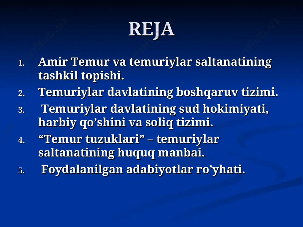 iz kim mulki turon amiri turkistonmiz biz millatlarning eng qadimi va eng ulug’i turkning bosh bo’ginimiz. amir temur amir temur davlati 1,5 mln. kv.km. hududda – xitoy chegaralaridan boshlab to sharqiy rim va misr yerlarigacha bo’lgan hududlarda o’z imperiyasini tuzdi. amir temur davlati 27 ta podsholikni egalladi. amir temur davlati bayrog’i amir temur davrida davlat bayrog’i juda katta ijtimoiy siyosiy, ma’naviy ahamiyat kasb etgan. dushman ustidan mardlik ko’rsatib g’alaba qozongan amirlar va sipohiylar temur davlatining timsollari – tug’ va nog’ora bilan mukofatlanganlar. bu ham sohibqiron saltanatida davlat ramzlari nechog’li baland turganligidan dalolatdir. temuriylar nasabnomasi ilk marotaba shohruh mirzo saroyida tuzilgan. halil sulton buyrug’i bilan amir temur shajarasi to odam atogacha olib borilgan. go’ri amir maqbarasida amir temurning nasabnomasi nefrit toshga bitilgan. amir temur ajdodlari shajarasi nuh –yofas – turk – almajnaxon – debodqo’yxon – ko’kxon – alinjaxon mo’g’ul totor mo’g’ul qoraxon - o’guzxon – yulduzxon - minglixon – tangrixon – …