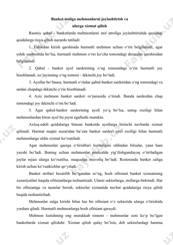 i. mehmon kutishning eng murakkab tomoni - mehmonlar soni ko‘p bo‘lgan banketlarda xizmat qilishdir. xizmat qilish qulay bo‘lsin, deb sektorlardagi hamma stollarga raqamlar qo‘yib chiqiladi. odatda, raqam qo‘yish to‘rga qo‘yilgan stollardan boshlanadi. eshikka yaqin stollarga oxirgi raqamlar beriladi. xizmat qilish tartib-qoidalari haqida bosh ofitsiant oldindan reja tuzib oladi. rejada stollar, sektorlar, xizmat qiladigan ofitsiantlar familiyalari yoziladi. oldindan har bir ofitsiant uchun yordamchi stol belgilanadi, bosh ofitsiant rahbarligida ofitsiantlar ulardan foydalanadi. har bir ofitsiant guruhi uchun bosh ofitsiant xizmat sohasini rejalashtiradi, taom, ichimlik va boshqa narsalarni kim, qachon olib kelishini buyuradi va nazorat qilib turadi. u kim, qachon foydalanilgan idish-anjomlarni yig‘ishtirib oladi, tozalarini olib kelib stolga qo‘yadi oldindan belgilaydi. har qaysi ofitsiant bu vazifani bajarishni xizmat boshlanmasdan oldin bilishi kerak. mehmonlar qahva zaliga o‘tganlaridan so‘ng qaysi ofitsiantlar xizmat qiladi, shu vaqt banket stollarini kimlar yig‘ishtiradi - hammasi bosh ofitsiantning ko‘rsatmasi va nazorati ostida amalga oshiriladi. banketning muvaffaqiyatli o‘tishida ko‘p narsa bosh …