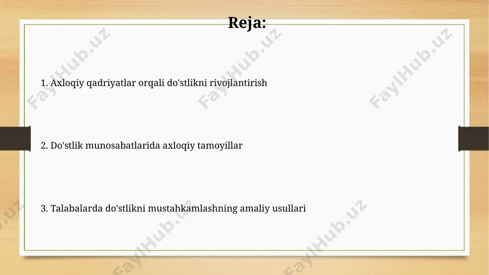 nt shahridagi 3 ta maktabda o‘tkazilgan tajriba shuni tasdiqladiki, axloqiy tarbiya dasturlarini qo‘llash natijasida o‘quvchilar orasidagi do‘stona munosabatlar 25% ga oshgan. hamdardlik va xayrixohlikni tarbiyalash 2023-yilgi samarqanddagi tadqiqotlar shuni ko'rsatdiki, 5-sinf o'quvchilarining 70 foizi xayrixohlikni namoyon etishda qiyinchiliklarga duch kelishadi, bu esa o'zaro hurmat va do'stlik munosabatlarini shakllantirishga to'sqinlik qiladi. o'zbekistonning 10 ta maktabida o'tkazilgan eksperiment natijalariga ko'ra, "hamdardlik" va " xayrixohlik" tushunchalarini amaliy mashg'ulotlar orqali o'rgatish, o'quvchilararo do'stona munosabatlarning 35% ga oshishiga olib keldi. qiyinchiliklarni birgalikda yengish samarqanddagi 7-maktab oʻquvchilari 2 ta guruhga boʻlinib, 10 kun davomida matematika boʻyicha murakkab topshiriqni birgalikda hal qilib, jamoaviy ish va sabr-toqatni oʻrganadilar. qiyinchiliklarni birgalikda yengish, masalan, 5-sinf oʻquvchilari guruhi maktabdagi 2023 yilgi “yaxshilik haftaligi” loyihasida 30 ta oilaga yordam berish orqali oʻzaro hamkorlik va doʻstlikni mustahkamlaydi. do'stlikning axloqiy asoslari o'zbekistonning 10 ta oliy o'quv yurti talabalari orasida o'tkazilgan so'rovnoma natijalariga ko'ra, do'stlikni rivojlantirishda hamdardlik va o'zaro yordam ko'rsatish 70% dan ortiq ahamiyat …