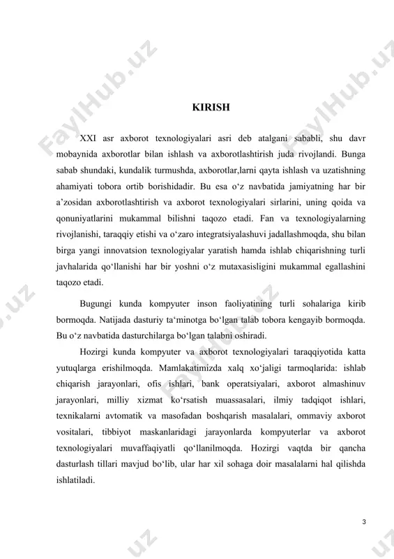 a c # dasturlash tilida yuzaga keladigan xatoliklar, ularning turlari, vujudga kelish sabablari, bartaraf etish usullarini o’rganib chiqamiz. kurs ishi mavzusining dolzarbligi: dasturlash tillari yordamida turli soha vakillarining ishiga ma’lumotlar bilan ishlash bo’yicha qulay interfeysli dastur yaratish. kurs ishining maqsadi va vazifalari: dasturlash tillarini qo’llagan holda turli sohalar uchun foydali qidiruv tizimi va ma’lumotlar bilan ishlovchi dastur yaratish. kurs ishining obyekti: c# dasturlash tilida ishlash va u haqida to’liq ma’lumot berish va uni amalda qo’llash. kurs ishining tarkibi: kirish, asosiy qism, xulosa, foydalanilgan adabiyotlar va internet resurslari va ilovadan iborat. i.bob. c# dasturlash tili va .net framework platformasi 1.1. c# da dasturlash muhiti c# dasturlash tili c tillar oilasining oxirgi versiyalaridan biri hisoblanadi. u “c sharp” deb talaffuz qilinadi. bu dasturlash tili .net framework muhitida ishlovchi, microsoft firmasi 2000-yilda tomonidan ishlab chiqilgan. bu dasturlash tili yuqorida aytganimizdek c tillar oilasidan kelib chiqqan. ya’ni c++ dasturlash tili 2000-yillargakelib c# va java …