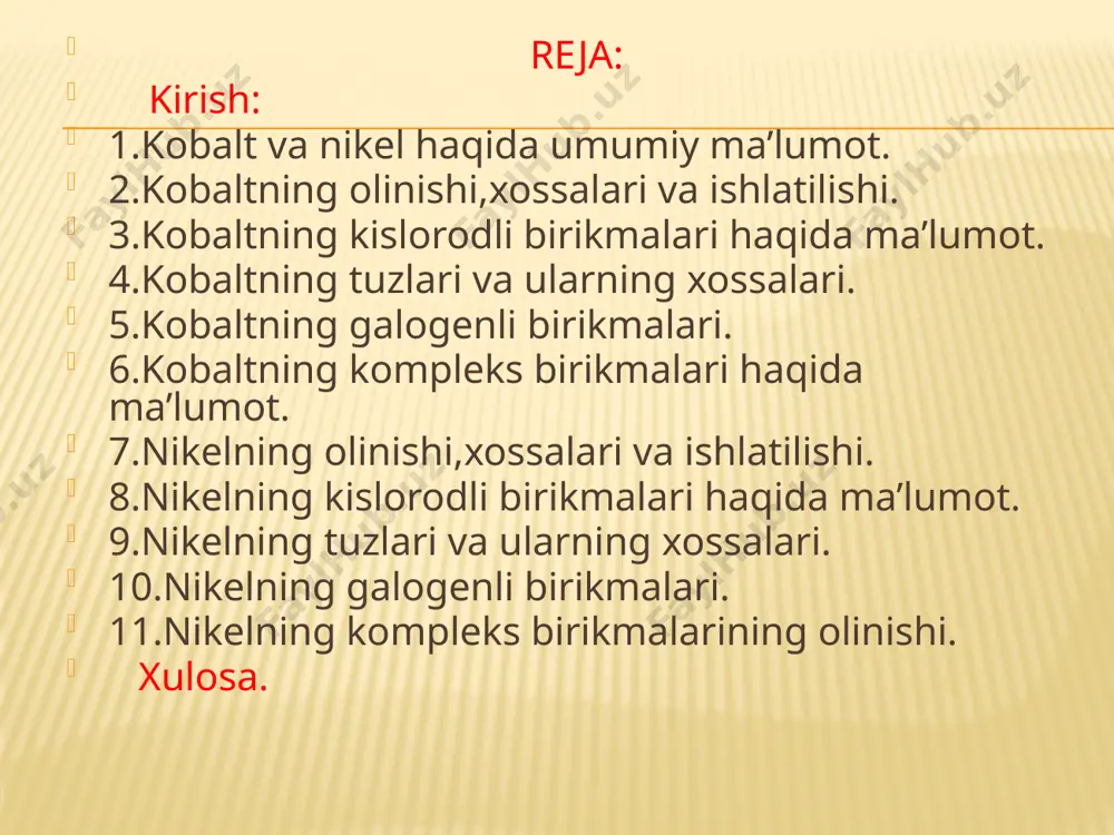 o)8] [co4(co)12 ] (qora). 10. co + nahco3(konst) + h2o = h2 (katod) + coco3(anod) + naoh. coo - kobalt (ii)-oksid to`q-yashil (deyarli qora). termik barqaror. havoda o2 ni yutadi. co1-xo gomogenlik sohasiga ega. suv, ammiak gidrati bilan ta`sirlashmaydi. amfoterlik xossalarni namoyon etadi (asos xossalari ustunroq turadi); suyultiril-gan kislotalar, kontsentrlangan ishqorlar bilan birikadi. kislorod tasirida oksidlanadi, vodorod bilan qaytariladi. mr = 74,93; d = 6,47; tsuyuq = 1810 °c. olinishi : 2(coiicoiii2)o4 = 6coo + o2 co(oh)2 = coo + h2o xossalari: 1. coo(q) + 7 h2o = [co(h2o)6]2+ 2oh-; pэk25 = 14,37. 2. coo + 2hcl(suyul) = cocl2 + h2o 3. coo + 2naoh(konst) + h2o = na2[co(oh)4](ko`k) [qayn.]. 4. 6coo + o2(havo) = 2(coiicoiii2)o4 (390 - 700 °c). 5. 4coo + o2 + 24(nh 3*h ­2o)[kons.] = 4[co(nh3)6](oh)3(sariq) + 18h 2o. 6. coo + 2hf = cof2 + h 2o (300 - 400 °c). 7. coo + h2 …