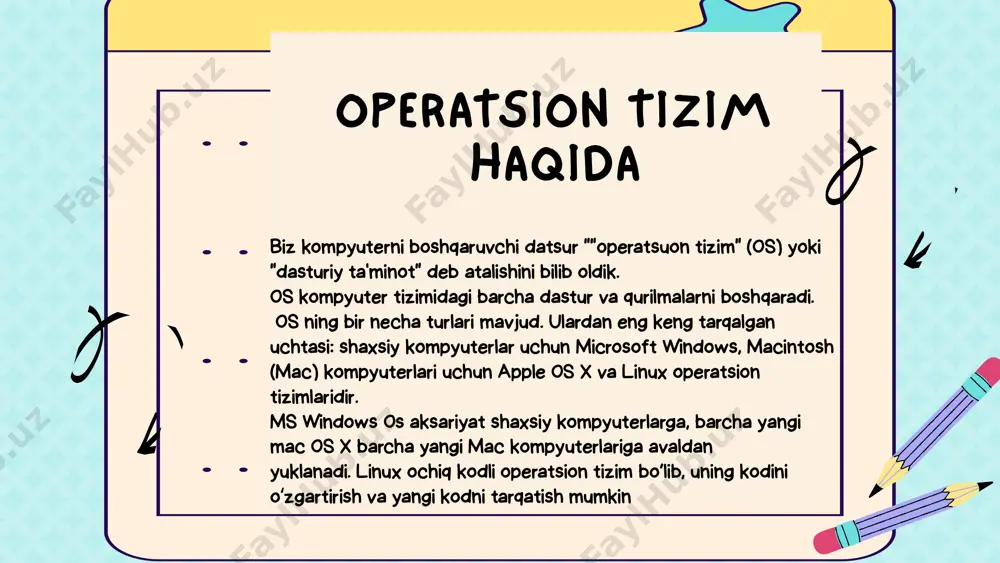 yarli it sohasidan bilim talab qilmaydi. bu esa yosh bola yoki kompyuterlar haqida kam maʼlumotga ega kishi uchun ham gui interfeysidan foydalanish imkoniyatini yaratadi. kompyuter bilan muloqot qilishning yana bir interfeysi buyruqlar qatori interfeysi (cli) hisoblanadi. biroq ushbu jarayonda kompyuterga nima qilish kerakligini aytish uchun muayyan buyruqni yozishingiz kerak. bu qiyin jarayon bo‘lib, uning asosiy ikkita sababi mavjud: • foydalanuvchi ushbu interfeysdan foydalanish uchun uning barcha buyruqlarini bilishi kerak; • foydalanuvchi buyruqlar imlosida xato qilmasligi kerak, aks holda, kompyuter buyruqlarni tushuna olmaydi va bajarmaydi cli interfeysidan asosan kompyuter tizimlariga xizmat koʻrsatuvchi texnik mutaxassislar foydalanadi. texnik mutaxassislar barcha buyruqlarni biladi va butun tizimga kirib, undan foydalanish imkoniyatiga ega bo‘ladi. biroq guidan foydalanishning kamchiligi sifatida, foydalanayotgan shaxs faqat ikonkalar bilan koʻrsatilgan joylargagina kira olishi mumkin ekanini ta’kidlash mumkin. a) interfeysning boshqa turlari haqida maʼlumot topishga harakat qilib koʻring. masalan, “natural language” interfeysi nima? b) foydalanuvchi va bajarilishi kerak boʻlgan vazifa kompyuter interfeysi …