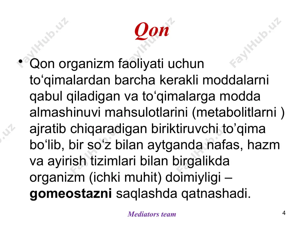 ishda ishtirok etadi 4. dezintaksikatsiya – endogen va ekzogen toksik mahsulotlarni adsorbsiyalash va ularni inaktivatsiya qilish. 5.organizmning immun reaksiyalarida: pretsipitatsiya, lizis, opsonizatsiya (opsonin moddasi yordamida patogenlarni nobut qilish yoki organizmdan chiqarish) tipdagi reaksiyalarda ishtirok etadi. dentistry 07 29 dentistry 07 30 abo blood groups type o: rbcs carry no a nor b agglutinogens. type a: rbcs carry agglutinogen a. type b: rbcs carry agglutinogen b. type ab: rbcs carry both a and b agglutinogens. anizositoz va poikilositoz mediators team 32 rbc sonining ortishi polisitemiya (eritrositoz) deb nomlanadi va fiziologik hamda patalogik koʻrinishda boʻladi. 1. fiziologik polisitemiya sabablari ? (yosh, jins, balandlik,jismoniy holat, emotsional holat) 2. patalogik polisitemiya (>7mln/mm3) a-nisbiy ??? b-mutloq (birlamchi va ikkilamchi) ??? mediators team 33 rbclar sonining fiziologik kamayishi mediators team 34 – nisbiy eritrositoz harakatdagi qonning hajm birligida eritrotsitlar koʻpayishi: degidratatsiya (qusish, kuchli terlash, ich ketishi) va plazma yoʻqotish (kuyish)da sodir boʻladi. – mutloq polisitemiya oʻz …
