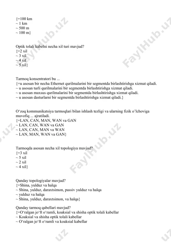 ble), optik tolali kabel (fiber optic) ~ oddiy kabel (twisted pair), koaksial kabel (coaxial cable), shisha tolali kabel (fiber optic) ~ elektr kabel (twisted pair), koaksial kabel (coaxial cable), shisha tolali kabel (fiber optic)} odatda o‘ralgan juftlik kabel tarkibi nechta juftlikdan iborat bo‘ladi? {=2 ta yoki 4 ta ~ 2 ta yoki 6 ta ~ 4 ta yoki 8 ta ~ 2 ta} ekranlashtirilmagan o‘ralgan juftli kabellarning (upt) eia/tia 568 standartiga ko‘ra neshta toifasi mavjud? {=5 ta ~ 4 ta ~ 3 ta ~ 2 ta} koaksial kabellarning asosan nechta turi mavjud? {=ingichka va yo‘g‘on ~ bir modli, ko‘p modli va multimodli kabel ~ ingichka va katta ~ kichik va yirik} optik tolali kabellarni nechta turi mavjud? {=bir modli, ko‘p modli yoki multimodli kabel ~ bir modli, ko‘p modli va multimodli kabel ~ ko‘p modli yoki multimodli kabel ~ kichik va yirik} mahalliy tarmoqdagi segmentlarni birlashtirishda qo`llaniluvchi qurilma javoblardan qaysi …