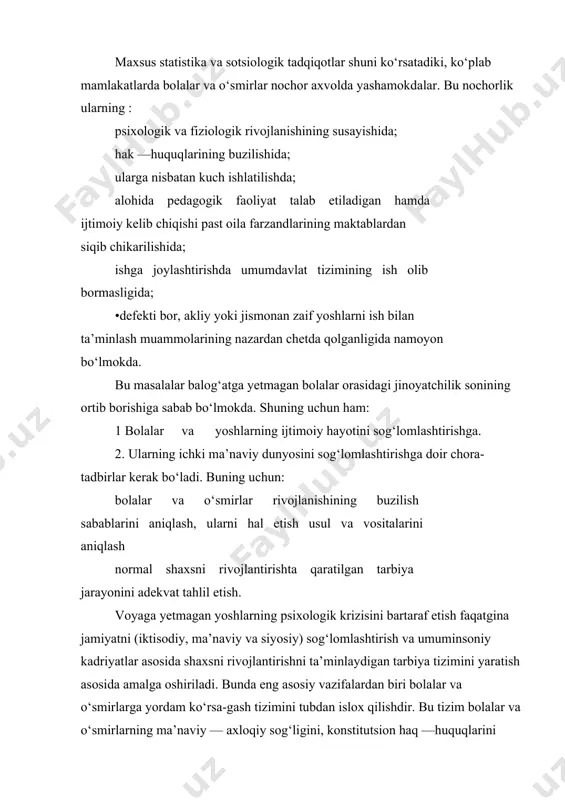 i. bulardan biri bolalar huquqini himoya qilish haqidagi konvensiyadir. bolalar va o‘smirlarga yordam ko‘rsatish xizmati strukturasi va tuzilish tamoyillari yordam ko‘rsatishning reabilitatsion xizmati bolalar va o‘smirlarga ijtimoiy — huquqiy, psixologik, tibbiy va pedagogik jihatdan qo‘lllab quvvatlashni ta’minlashga qaratilgandir. bu xizmat ularning: · turmush sharoiti va tarbiyasini jadallashtirishga ko‘mak berish orqali; · shaxsiy mol-mulkka egalik huquqlarini himoya qilish orqali; · voyaga yetmagan yoki ekstremal (masalan haloqatga uchragan) xolatlarga tushgan, sharoiti og‘ir oila farzandlariga turli xil yordam berish orqali; · qaltis guruhdagi oilalar va voyaga yetmaganlarga yordam berish orqali; · kashandachilikka ruju qo‘ygan oilalarning, ekstremal holatlarning qurbon bo‘lgan yoki ota — onasiz qolgan voyaga yetmagan bolalarga turli xil yordam berish orqali amalga oshiriladi. ijtimoiy, huquqiy, psixologik, tibbiy va pedagogik yordam quyidagi tamoyillarga asoslanadi: qonunga muvofiklik; insonparvarlik; adolatparvarlik; demokratiya; tashkilotchilik va nazorat; differensial va individual yondoshish; o‘z vaktida yordam berish; yordamning yetarli va kompleksli bo‘lishi; ilmiy asoslanganlik va xizmat ko‘rsatishda xududni hisobga olish. …