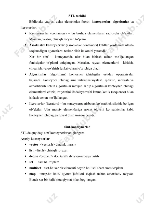 torga ega. masalan, vektor sinf-konteynerning konstruktori va destruktori: vector c bitta xam elementga ega bo‘lmagan bo‘sh vektorni yaratadi; vector c1(c2) ko‘rsatilgan tipdagi boshqa vektorning nusxasini yaratadi (barcha elementlarni nusxasini oladi); vector c(n) konstruktor orqali ko‘rsatilmagan xolda yaratilgan n elementli vektorni yaratadi; vector c(n,x) x elementning n nusxalari yordamida initsializatsiya etilgan vektorni yaratadi; ~vector () barcha elementlarni o‘chiradi va xotirani bo‘shatadi. ixtiyoriy ob’ekt uchun ko‘rsatilmagan xolda konteynerda saqlanuvchi konstruktor mavjud bo‘lishi shart. undan tashqari, ob’ekt uchun i2, i1>=i2 shuningdek, stlda teskari iteratorlar (reverse iterators) qo‘llaniladi. ketma-ketlikni teskari yo‘nalishda o‘tuvchi ikki yo‘nalishli yoki ixtiyoriy ruxsatga ega bo‘lgan iteratorlar teskari iteratoralar bo‘lishi mumkin. xotirani taqsimlovchilar, predikatlar va solishtirish funksiyalari konteynerlarga, algoritmlarga va stldagi iteratorlarga qo‘shimcha bir nechta standart komponentalar xam qo‘llaniladi. ulardan asoslari esa xotira taqsimlovchilar, predikatlar,va solishtirish funksiyalaridir. xar bir konteynerda uning uchun aniqlangan va konteyner uchun xotirani belgilash jarayonini boshqaradigan xotira taqsimlovchisi (allocator) mavjud. ko‘rsatilmagan xolda esa xotira taqsimlovchisi allocator sinf …