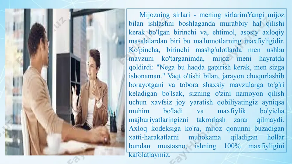 alar bola haqida ko'proq ma'lumot berishga harakat qilishadi, turmush o'rtoqlar bir-birlari haqida gapirishadi va hokazo. biz bolaning ota-onasi bilan "qizil tugmalar" ni aniq muhokama qilishimiz kerak - ular paydo bo'lganda, biz ularga xabar berishimiz kerak bo'lgan mavzular: oilani tark etish istagi, giyohvand moddalar va boshqalar. oilaviy murabbiylikda maxfiylikni saqlash - bu murabbiy mutaxassislik jarayonida o'rganadigan alohida katta mavzu. maydondagi biri murabbiy emashar bir murabbiy o'tishi kerak bo'lgan kasbiy rivojlanishning muhim bosqichi - bu o'zining qudratliligi illyuziyasidan xalos bo'lishdir. ba'zida murabbiy o'zini uzoq qishloqda ishlaydigan umumiy amaliyot shifokori deb hisoblaydi: u bolani tug'dirishi, tishlarini tortib olishi va yurak operatsiyasini bajarishi mumkin. bu noto'g'ri. bizning kasbimizning o'ziga xos cheklovlari bor va ular haqida bilish foydalidir. mijozlar ko'pincha o'zlari qo'ygan maqsadlar sari harakat qilishlariga to'sqinlik qiladigan kuchli travmatik tajribalarni olib kelishadi. ayni paytda unga bunday muammolarni hal qilishda yordam beradigan malakali mutaxassisni tavsiya qilish axloqiy va to'g'ri. menda mijozning hozirgi iltimosi mening vakolatimdan …
