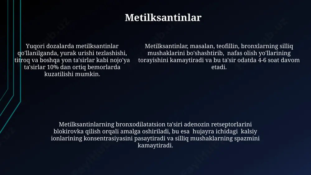 iqlashga yordam beradi. spirometriya natijalari normal diapazondan chetga chiqishi bronxodilatator preparatlaridan keyin takroriy tekshiruv o'tkazishni va preparatning samaradorligini 12-15% dan yuqori bo'lgan fev1 o'sishini baholashni talab qiladi. o'pka funksiyasini baholashda spirometriya tekshiruvi bronxial obstruksiya darajasini aniqlashda, ya'ni fev1/fvc nisbatini hisoblash orqali, 70% dan kam bo'lsa, obstruksiya mavjudligini ko'rsatadi. bronxodilatatorlarning mexanizmlari fosfodiesteraza-4 (pde4) inhibitörlari siklik amp darajasini oshirish orqali bronxlarning silliq mushaklarining relaksatsiyasini ta'minlaydi, bu esa 10-20% ga havo yo'llarining diametri kengayishiga olib keladi. β2-adrenergik retseptorlarga ta'sir qiluvchi bronxodilatatorlar hujayra ichidagi amp darajasini 3-5 marta oshirib, bronxlarning silliq mushaklarini bo'shashtiradi va shunday qilib havo yo'llarini kengaytiradi. β2-adrenergik retseptorlarga ta'sir qiluvchi bronxodilatatorlar hujayra ichidagi amp darajasini 3-5 marta oshirib, bronxlarning silliq mushaklarini bo'shashtiradi va shunday qilib havo yo'llarini kengaytiradi. provokatsion testlarni o'tkazish usullari provokatsion testlarni o‘tkazishda allergenlarning 0,1 mg/ml dan 10 mg/ml gacha bo‘lgan turli konsentratsiyalari qo‘llanilishi mumkin, bu bemorning sezuvchanligiga bog‘liq. provokatsion testlarni amalga oshirishda, bemorning yurak-qon tomir tizimi va nafas …