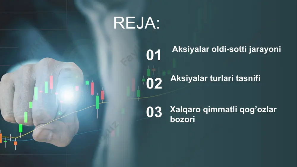 ga pul mablag‘lari berganliklarini tasdiqlovchi hamda bu qimmatli qog‘ozlarga egalik qilishning butun muddati davomida qayd etilgan daromadni olish huquqini beruvchi, taqdim etuvchiga tegishli qimmatli qog‘ozlar turidir. veksel veksel (nem. wechsel — ayirboshlash) — koʻrsatilgan muddatda muayyan miqdordagi pulni toʻlash majburiyati qayd etilgan qarzdorlik haqidagi rasmiy hujjat; qimmatli qogʻoz u universal toʻlov, kredit va hisob vositasi boʻlib, xalqaro savdoda toʻlov majburiyati; qisqa muddatli (6 oy) tijorat-kredit vositasi; banklararo uzoq muddatli munosabatlarni shakllantiruvchi vosita; banklardan ssuda olish uchun garov (shuningdek tijorat banki markaziy bankdan ssuda olishda beradigan garov) tarzida keng qoʻllaniladi. oddiy belgilangan muddatda o’tkazma xujjatda ko’rsatilgan shaxs tomonidan qarz majburiyatini bajarilishi depozit sertifikati omonatga qo’yilgan pullarni egalariga berilgan xujjat qimmatli qog‘ozlarning hosilalari buy sell qimmatli qog‘ozlarning hosilalari — daromadi (zarari) bir yoki bir necha bozor ko‘rsatkichlari (indekslari) mazmuniga bog‘liq bo‘lgan qimmatli qog‘ozlardir. fyuchers qimmatli qog‘oz (shartnoma) bo‘lib, muayyan qimmatli qog‘ozlar va boshqa moliyaviy vositalarni yoki tovarlarni shartnomada belgilab qo‘yilgan narxda belgilangan …