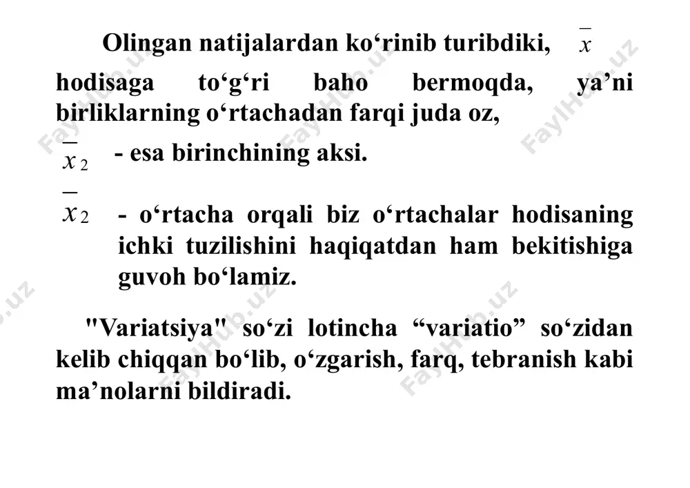 ir do'konga o'rtacha 66,8 m savdo maydoni to'g'ri kelar ekan. bu ko'rsatkichni oddiy arifmetik formulani qo'llab hisoblasak ham bo'ladi. buning uchun 40ni 2 marta 50ni 4 marta va h. k. qo'shish kerak. bizni misolimizda bu ishni bajarish mumkin, chunki hammasi bo'lib 28 do'kon bor. agar do'konlar soni 2800 yoki 28000 ta bo'lsachi? bu juda murakkab ishga aylanadi. shuning uchun o'rtachani tortilgan arifmetik usulda hisoblagan ma'qul. agarda ma'lumotlar variatsion taqsimlanish qatori shaklida berilsa, o'rtachani variantlar asosida (bizning misolda) hisoblash butunlay noto'g'ridir: = (40 + 50 + 60 + 70 + 80 + 90)/6= 65 m/kv nima uchun ikki xil natija kelib chiqdi? sababi, har bir variant har xil vaznga (salmoqqa) ega. bizni misolimizda, katta savdo maydoniga ega bo'lgan do'konlar soni oshsa, o'rtacha savdo maydoni so'zsiz yuqori bo'ladi va aksincha. shuning uchun ham tortilgan usulda o'rtacha hisoblanadi. x xususiy firma do'konlarida 80 ta sotuvchi ishlaydi. ular bir sotuvchiga to'g'ri keladigan oborot bo'yicha …