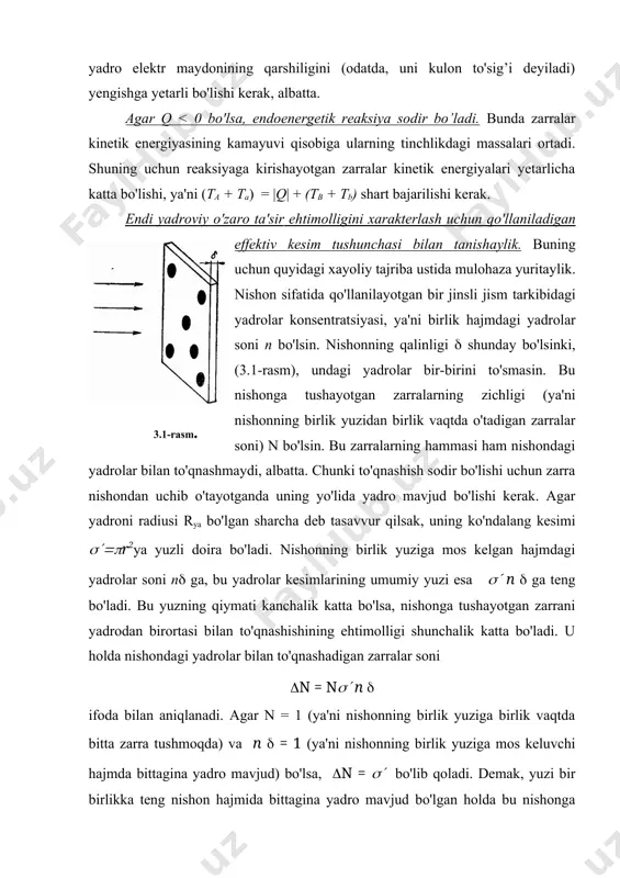 irlangandek gantelsimon shaklni berishga etarli bo'lsa, endi yadro sferasimon shaklini tiklay olmaydi. haqiqatan, gantelsimon shaklga kelgan yadroning chekkalarida joylashgan protonlarning o'zaro itarishish kuchlarini yadroviy kuchlar muvozanatlashtirolmaydi, chunki yadroviy kuchlar faqat qisqa masofalardagina tortishuv xarakteriga ega. natijada gantelsimon shakldagi yadro ikki yadroga bo'linish parchalariga ajraladi. yadroning bo'linishi uchun yetarli darajada deformatsiyalay oladigan energiyaning qiymati bo'linishning kritik energiyasi wkr (yoki aktivlash energiyasi) deb ataladi. yadro bo'linish hodisasining nazariyasini 1939 yilda n.bor, j.uiller va rossiyalik fizik ya.i.frenkel yaratdi. shu nazariyaga asoslangan yadroning bo'linish mexanizmini soddalashtirilgan tarzda yuqorida bayon qildik. endi, yadroning bo'linishida kuzatiladigan neytronlar va elektronlar qanday sabablar tufayli vujudga keladi? degan savolga javob beraylik. buning uchun yadrolar tuzilishidagi quyidagi qonuniyatga e'tibor beraylik. elementlar davriy jadvalidagi turli stabil (ya'ni, barqaror) yadrolardagi neytronlar soni n ning protonlar soni z ga nisbati entil yadrolar uchun taxminan 1 ga teng bo'lsa, og’ir yadrolar sohasiga siljiganimiz sari bu nisbatning qiymati kattalashib boradi. masalan, о16' ag108, ва137, u238 …