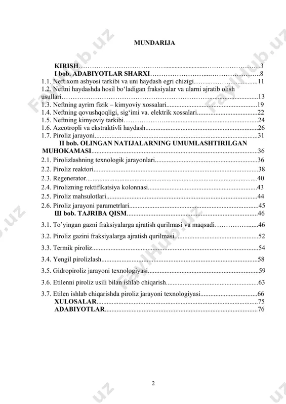 kam o‘zgartirishi (dt) uchun kerak bo‘ladigan issiqlik miqdorining shu temperatura miqdoriga nisbati chin (haqiqiy) issiqlik sig‘imi (c, cv, cp) deyiladi: va dq = mcdt; dqv = ncvdt; dqp = ncpdt, (4.3.) kelib chiqadi. (3.7.) va (3.8) tenglamarni bir – biriga tenglashtirib, quyidagi tenglama olinadi.[22] bundan: (4.4.) va kelib chiqadi (4.5.) bu tenglamalar o‘rtacha va chin issiqlik sig‘imlari orasidagi bog‘lanishni ifodalaydi. ulardan foydalanib,t dan с ni va, aksincha с dan t ni hisoblab chiqarish mumkin [23,24]. suvsiz neft mahsulotlari dielektrlar hisoblanadi. neft mahsulotlarining nisbiy dielektriklar doimiyligi ikki atrofida tebranadi, bu esa shisha (e = 7), forfor (e = 5 - 7), marmar ( e = 8 - 0) kabi izolyatorlardan 3 – 4 marta kichikdir. suvsiz toza neft mahsulotlarining elektr o‘tkazuvchanligi deyarli yo‘q. ularning bu xossasidan amalda keng foydalaniladi. elektrotexnika sanoatida izolyatorlar sifatida qattiq parafinlardan foydalaniladi. maxsus neft moylari esa transformatorlarga, kondensatorlarga quyish uchun qo‘llaniladi[25]. yuqori voltni izoliyatsilovchi moy с – …