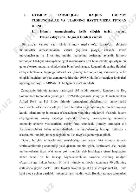 chilarga icq, egroups/onelist, evite kabi aloqa uchun dastlabki imkoniyatlarni taqdim etdi. bunday tarmoq xizmatlari qoida tariqasida ijtimoiy tarmoq hisoblanmaydi, lekin shunga qaramay, ular keyinchalik foydalanuvchilarning muloqoti va o’zaro ta’siri uchun onlayn xizmatlar ishlab chiqilishiga asos bo’ldi. profil - bu ro’yxatdan o’tgandan keyin onlayn hayot boshlanadigan joy. profilda odatda ishtirokchining jinsi, yoshi, oilaviy ahvoli, ma’lumoti, ish joylari va qiziqishlari haqidagi ma’lumotlar mavjud. ijtimoiy tarmoqlar paydo bo’lishining rasmiy sanasi. ijtimoiy tarmoqlar internet bo’ylab g’alabali yurishini 1995-yilda amerikaning classmates.com portali ("odnoklassniki" uning rossiyadagi muqobili) bilan boshladi. loyiha juda muvaffaqiyatli bo’ldi va bu keyingi bir necha yil ichida o’nlab shunga o’xshash xizmatlarning paydo bo’lishiga sabab bo’ldi. ammo ijtimoiy tarmoq portlashining rasmiy boshlanishi linkedin, myspace va facebook ishga tushirilgan 2003-2004 yillar deb hisoblanadi. ijtimoiy tarmoqlar modasi rossiyaga ikki yil o’tib – 2006-yilda odnoklassniki va vkontakte paydo bo’lishi bilan kirib keldi. ijtimoiy tarmoqlar har bir kishi o’zining virtual "men"ini yaratishi uchun texnik va ijtimoiy asosni topishi …