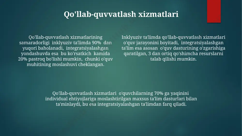 ik davrda, o'quvchilarning akademik ko'rsatkichlari, ijtimoiy moslashuvi va mustaqillik darajalarini baholash orqali o'rganiladi. inklyuzivlik va integratsiyaning asosiy farqi inklyuziv yondashuvda o'qituvchilar o'quv jarayonini barcha o'quvchilarning individual ehtiyojlari va imkoniyatlariga moslashtiradilar (differensiatsiya), integratsiya esa standart o'quv dasturiga moslashishga urg'u beradi. inklyuziv ta'lim barcha o'quvchilarning (masalan, 100% talabalar) ehtiyojlarini qondiradigan moslashuvchan o'quv muhitini yaratadi, integratsiya esa faqat maxsus ehtiyojli bolalarni (masalan, 5%) mavjud tizimga qo'shishga qaratilgan. inklyuziv maktablar 1:1 yoki 1:2 kabi o'quvchiga qo'shimcha qo'llab-quvvatlash xizmatlarini (masalan, maxsus pedagog yoki assistent) ta'minlaydi; integratsiya esa bunday qo'shimcha resurslarni cheklangan holda taqdim etadi. inklyuziv ta'limning kamchiliklari inklyuziv ta'limning samaradorligi past bo'lgan o'quvchilar sonining 15-20% ga ko'tarilishiga olib kelishi mumkin, chunki individual ehtiyojlarga javob beradigan resurslar va qo'llab-quvvatlash yetarli bo'lmasligi mumkin. inklyuziv ta'limni amalga oshirish uchun zarur bo'lgan qo'shimcha moliyaviy resurslar, maxsus jihozlar va malakali mutaxassislarning yetishmasligi, ta'lim jarayonining sifati va samaradorligiga salbiy ta'sir ko'rsatishi mumkin. inklyuziv sinflarning kattalashuvi va o'qituvchilarning yuqori ish yuklamasi ta'lim …