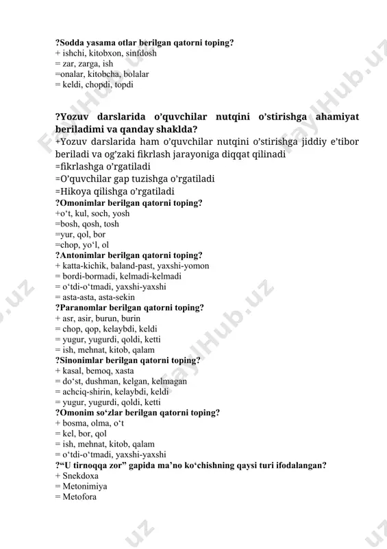 sm va fe’l ) = besh (ism, fe’l, sifat, son,ravish) ?“tilshunoslik” fani nimalarni o‘rganadi? + til haqidagi dastlabki ma’lumotlarni, tilshunoslikning tarkibiy qismlarini, tilning paydo bo‘lishi kabi masalalarni o‘rganadi. = morfologiya va sintaksisga tegishli muammolarni = til taraqqiyotini = tilning nutqiy qurilishini ?fan, texnika, adabiyot, san’at va madaniyatga oid tushunchalarni ifoda etuvchi so‘zlarni o‘rganuvchi tilshunoslik sohasi? + terminologiya = semasiologiya = morfologiya = leksikologiya ?o‘zbek tilida iboralarni o‘rganadigan bo‘lim nima deb ataladi? + frazeologiya = paremiologiya = onomasiologiya = semasiologiya ?tilning grammatik strukturasini qaysi bo‘limlar o‘rganadi? + morfologiya, sintaksis = morfologiya = puktuatsiya = morfemika, sintaksis ?yordamchi so‘z turkumlarining to‘liq variantini toping? + ko‘makchi, bog‘lovchi, yuklama = ko‘makchi, yuklama = bog‘lovchi, modal so‘z = modal, undov ?morfologiya bo‘limi nimani o‘rganadi? + so‘z turkumlarini = so‘z birikmasini = so‘zning kelib chiqishini = tinish belgilarini ?qaysi sinonimik qatorda ijobiy va salbiy ma’no ifodalovchi so‘zlar mavjud? + yuz, bet, aft, bashara, turq, chehra, oraz …