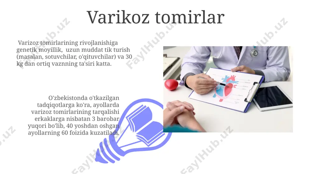 -qon tomir kasalliklari o‘limi sabablarining 40% dan ortig‘ini tashkil etadi va 60 yoshdan oshgan ayollar orasida ko‘proq uchraydi. tromboz trombning hosil bo'lishiga qonning qalinlashuvi (giperkoagulyatsiya), qon oqimining sekinlashuvi va qon tomir devorining shikastlanishi kabi 3 ta asosiy omil ta'sir qiladi. trombozning 80% dan ortiq hollari yurak-qon tomir kasalliklariga olib keladi va dunyo bo'ylab, jumladan, aqsh va evropa mamlakatlarida yillik 10 millionlab o'limga sabab bo'ladi. sog'lom turmush tarzi sog'lom ovqatlanish, yurak-qon tomir kasalliklari xavfini 30% ga kamaytirishi mumkin, bu esa jahon sog'liqni saqlash tashkiloti ma'lumotlariga ko'ra, dunyo bo'ylab 10 millionga yaqin odamni qutqaradi. chekishni tashlash, o'pka saratoni va yurak-qon tomir kasalliklari xavfini 50% gacha kamaytiradi, bu esa toshkent shahridagi tibbiyot muassasalarining ma'lumotlariga ko'ra, yillik o'lim holatlarini sezilarli darajada kamaytiradi. kardiomiopatiya 01 02 dilning chap qorinchasining gipertrofik kardiomiopatiyasi (gkg) aqshda 500 000 dan ortiq kishini qamrab oladi va ko'pincha yosh sportchilarda to'satdan yurak o'limi bilan bog'liq. sales 1st qtr 2nd qtr 100 …