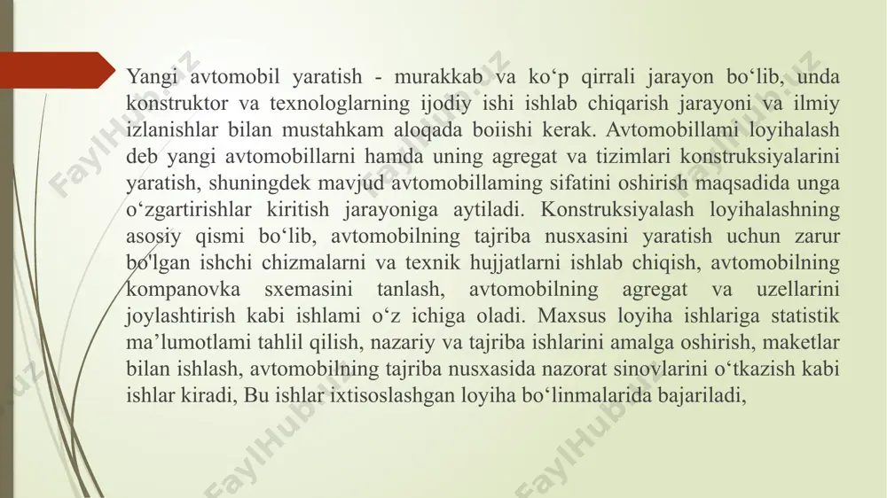 tizimlaridagi ish jarayonini tadqiq qilish, har xil nosozliklaming paydo bo‘lish sabablarini aniqlash, avtomobilni hisoblashning aniq usullarini ishlab chiqish, loyihalashning texnik asoslari deb, loyihalanayotgan avtomobilning sifat ko‘rsatkichlari yuqori bo‘lishi va avtomobilni ishlab , chiqarishda uning sifati o‘zgarmasligini ta’minlashga aytiladi. unga quyidagilar kiradi: - avtomobillarning istiqbolli tipajini ishlab chiqish va ulardan foydalanish; - avtomobil konstruksiyalarini rivojlantirish usullarini qo‘llash; - avtomobil ekspluatatsion xususiyatlarining istiqbolli ko‘rsatkichlarini belgilash; - loyiha ishlarining alohida etaplarini bajarishda zamonaviy va ilg‘or usullarini qo‘llash (avtomatlashtirilgan loyihalash tizimlari, dizaynerlik ishlarini kengaytirish, eng yaxshi chet el tajribalaridan foydalanish); - yangi avtomobil konstruksiyalarini yaratishda va ulami takomillashtirishda standartlash, uniflkatsiyalash va agregatlash; - tanqis bo‘lmagan va yengil materiallardan keng foydalanish (plastmassa, alyuminiy qotishmasi, legirlangan po‘lat va b.) avtomobilni loyihalash asoslari va avtobuslarning kompanovka sxemalari loyihalashning iqtisodiy asoslari deb, avtomobilni ishlab chiqarish va ekspluatatsiya qilishda kam xarajat qilib eng yaxshi natijalarga erishishga aytiladi. iqtisodiy tahlil asosida quyidagilar aniqlanadi: - avtomobilni ishlab chiqarish strukturasi aniqlanadi; - …