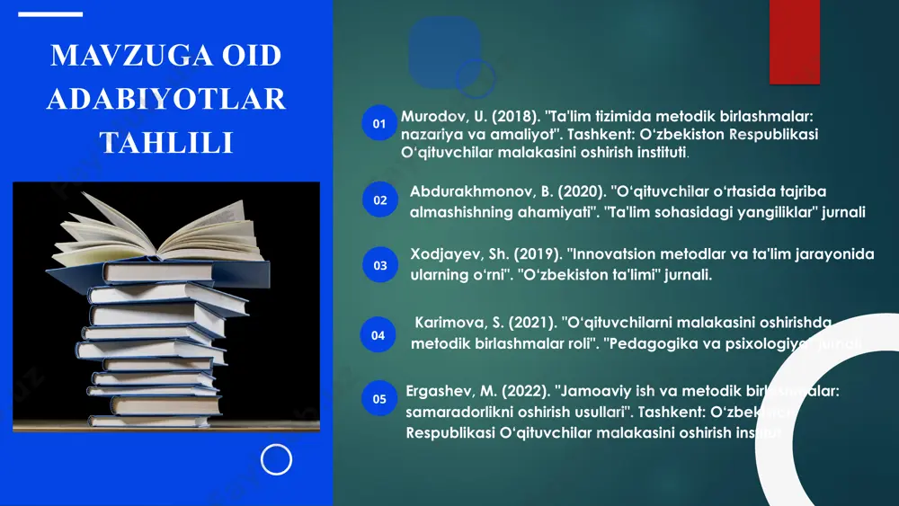 rin tutadi. mentorlar va yangi o‘qituvchilar o‘rtasidagi hamkorlik bu tizimni yanada kuchaytiradi. o‘qituvchilar o‘rtasidagi hamkorlik: shvetsiyada metodik birlashmalar va o‘qituvchilar o‘rtasidagi hamkorlik joriy qilishning asosiy usullaridan biri bu “xizmat ko‘rsatish guruhlari”ni tashkil etishdir. ushbu guruhlarda o‘qituvchilar o‘zlarini qiziqtirgan pedagogik mavzularni muhokama qiladilar. pedagogik hamkorlik orqali innovatsiyalarni joriy etish: o‘qituvchilar yangi pedagogik yondashuvlar va metodlarni joriy etishda birgalikda ishlaydilar. bu jarayonda ilmiy-tadqiqot natijalari ham qo‘llaniladi, masalan, sinfdagi o‘quvchilarni baholash va ta'lim sifatini oshirish bo‘yicha tavsiyalar ishlab chiqiladi. . qiyosiy tahlil № amaldagi holat (oʻzbekistonda) amaldagi holat (xorijda) taklif 1 o‘zbekistonda metodik birlashmalar o‘qituvchilarini birlashtirib, ta'lim metodlarini takomillashtirishga yordam beradigan platformalar bor. hozirgacha bu platformalardan barcha o’qituvchilar samarali foydalanayotgani yo’q. singapur: bu yerda metodik birlashmalarni tashkil etish va o‘qituvchilarni o‘zaro hamkorlikka yo‘naltirish katta ahamiyatga ega. o‘qituvchilarni kasbiy rivojlantirish uchun mentorlik tizimi va kasbiy o‘qitishning yuqori darajasi mavjud, bu orqali metodik birlashmalar yanada samarali ishlaydi. mavjud imkoniyatlarni hisobga olib, xorij tajjribasini o’z tajribalarimimz …